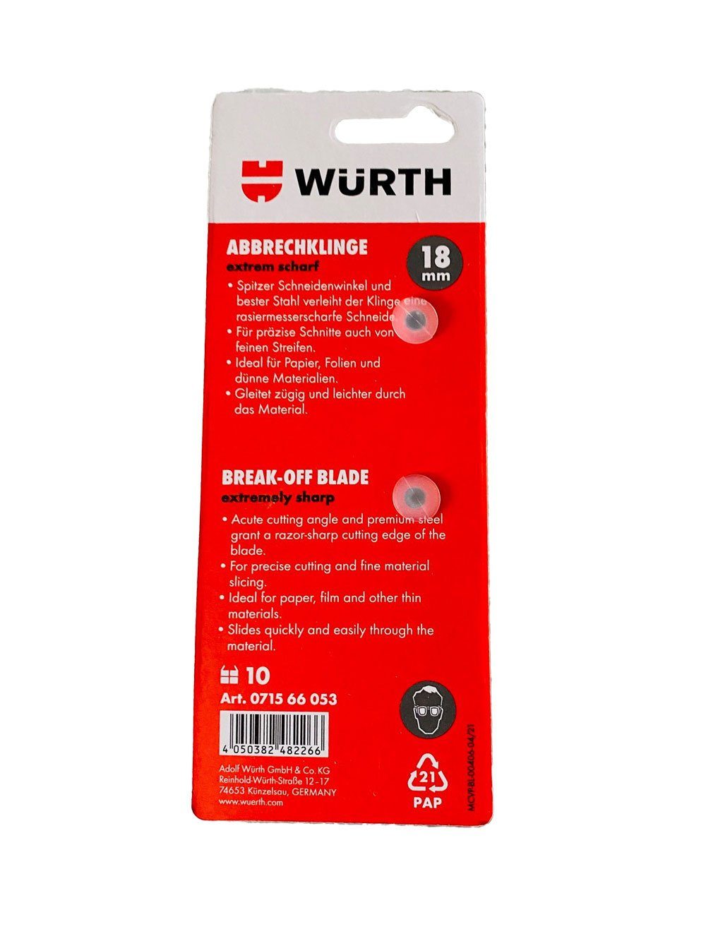 Würth Messerklinge Würth 10x Abbrechklinge 18mm extrem scharf schwarz Schiebespender (10-St)
