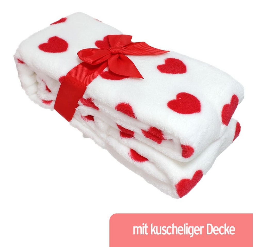 Thumbnail - BEMIRO Tierkuscheltier Valentinstag Geschenk Teddy mit Herz und Kuscheldecke im Set