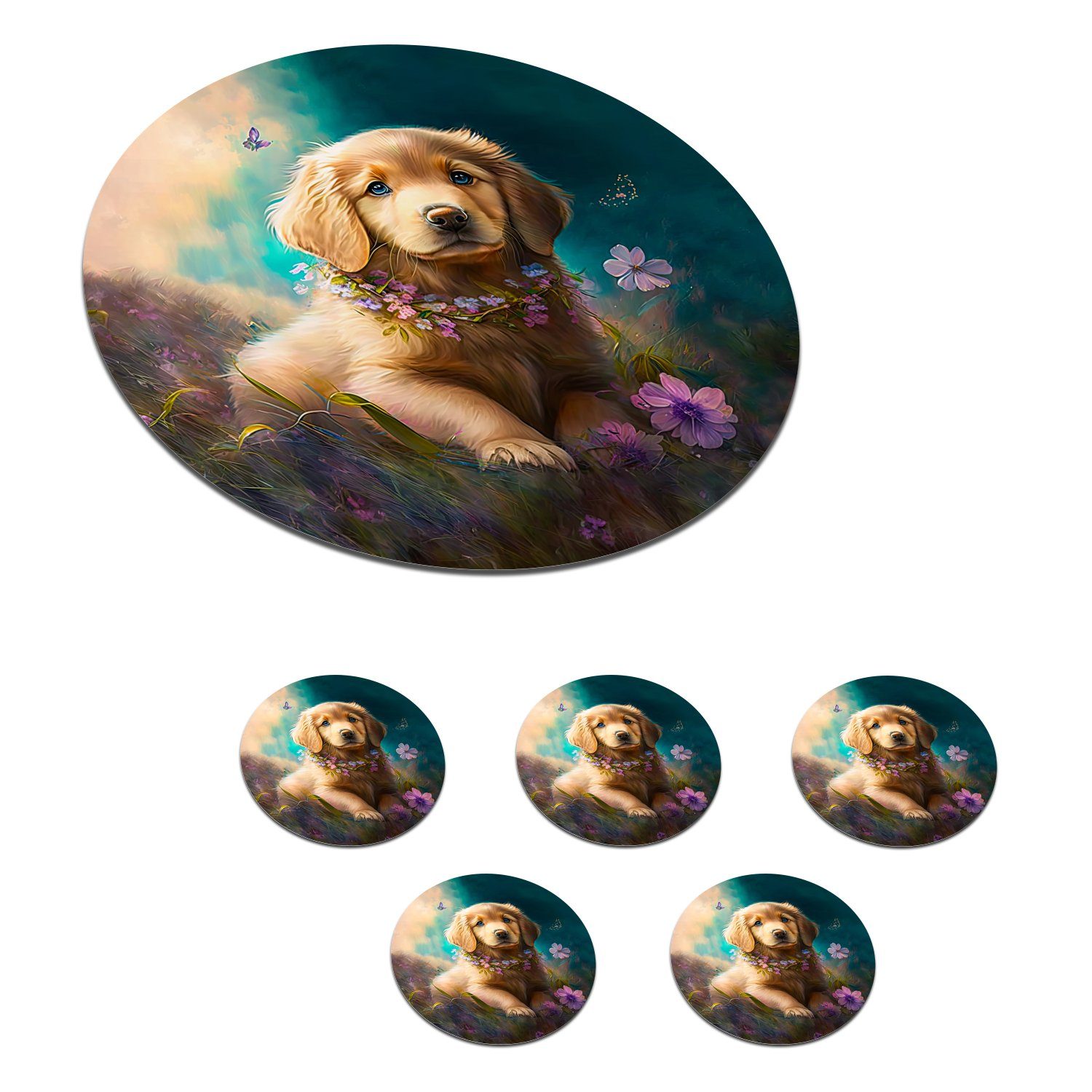 MuchoWow Glasuntersetzer Welpe - Blumenkranz - Schmetterling - Hund - Golden Retriever, Zubehör für Gläser, 6-tlg., Getränkeuntersetzer, Tassenuntersetzer, Korkuntersetzer, Tasse, Becher