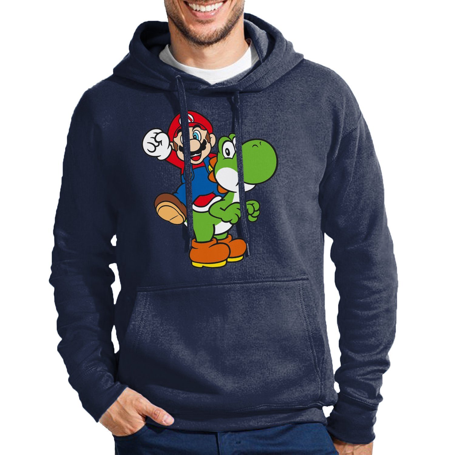 Luigi Blondie Brownie Super Retro Hoodie Mario Herren & Nintendo Konsole mit Navyblau Kaputze & Yoshi