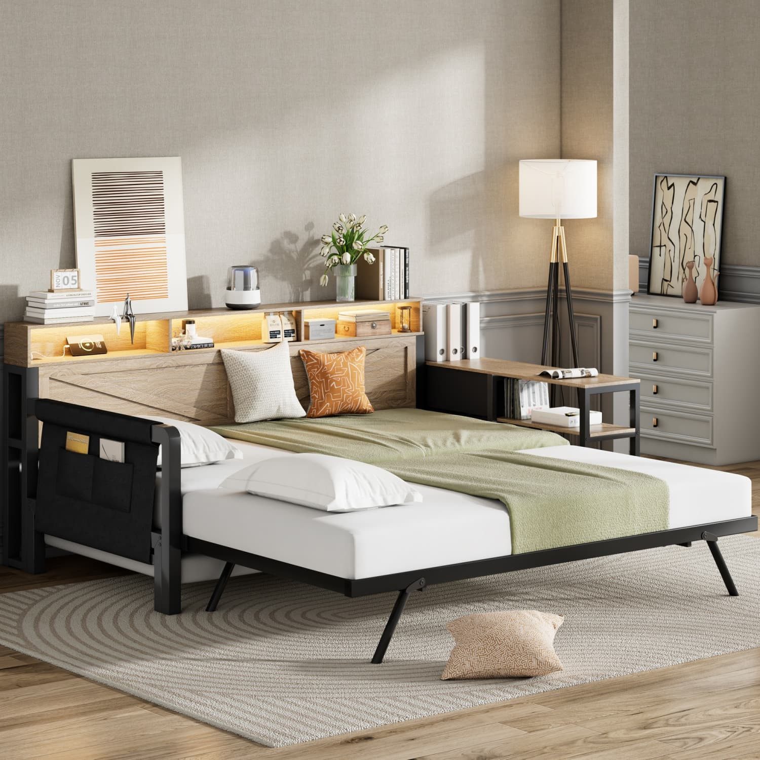 autolock Schlafsofa Metall-Schlafsofa,Sofabett mit verstellbarem Ausziehbett,Stauschrank, mit 3 Schubladen,Staufächern, LED-Beleuchtung und USB-Anschluss