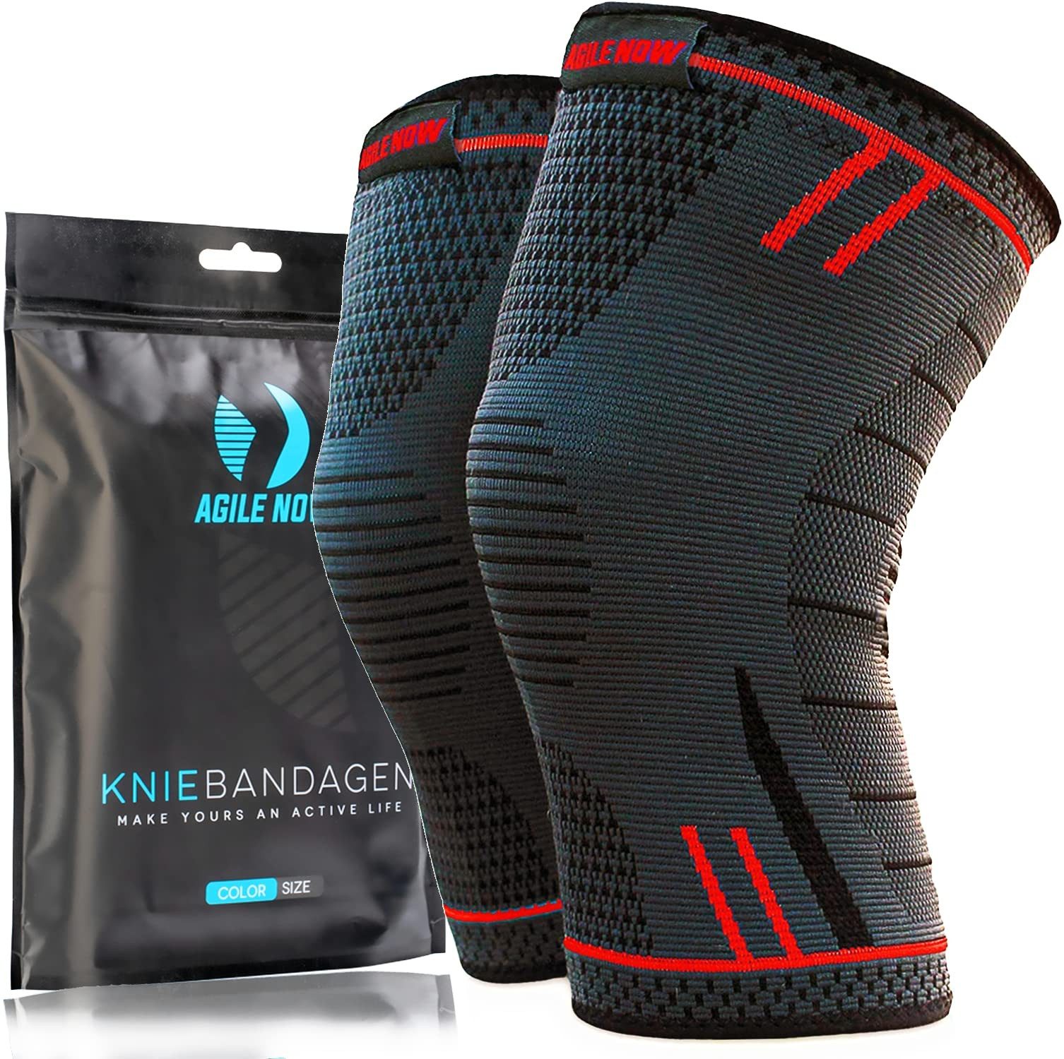 AGILE NOW Kniebandage Hochwertige Kniebandage Herren & Damen (Paar) (Elastische Kniestütze für Sport & Fitness, Knie Bandage Paar, Rot XL), Atmungsaktiv & Rutschfest, Kniebandagen (Paar)