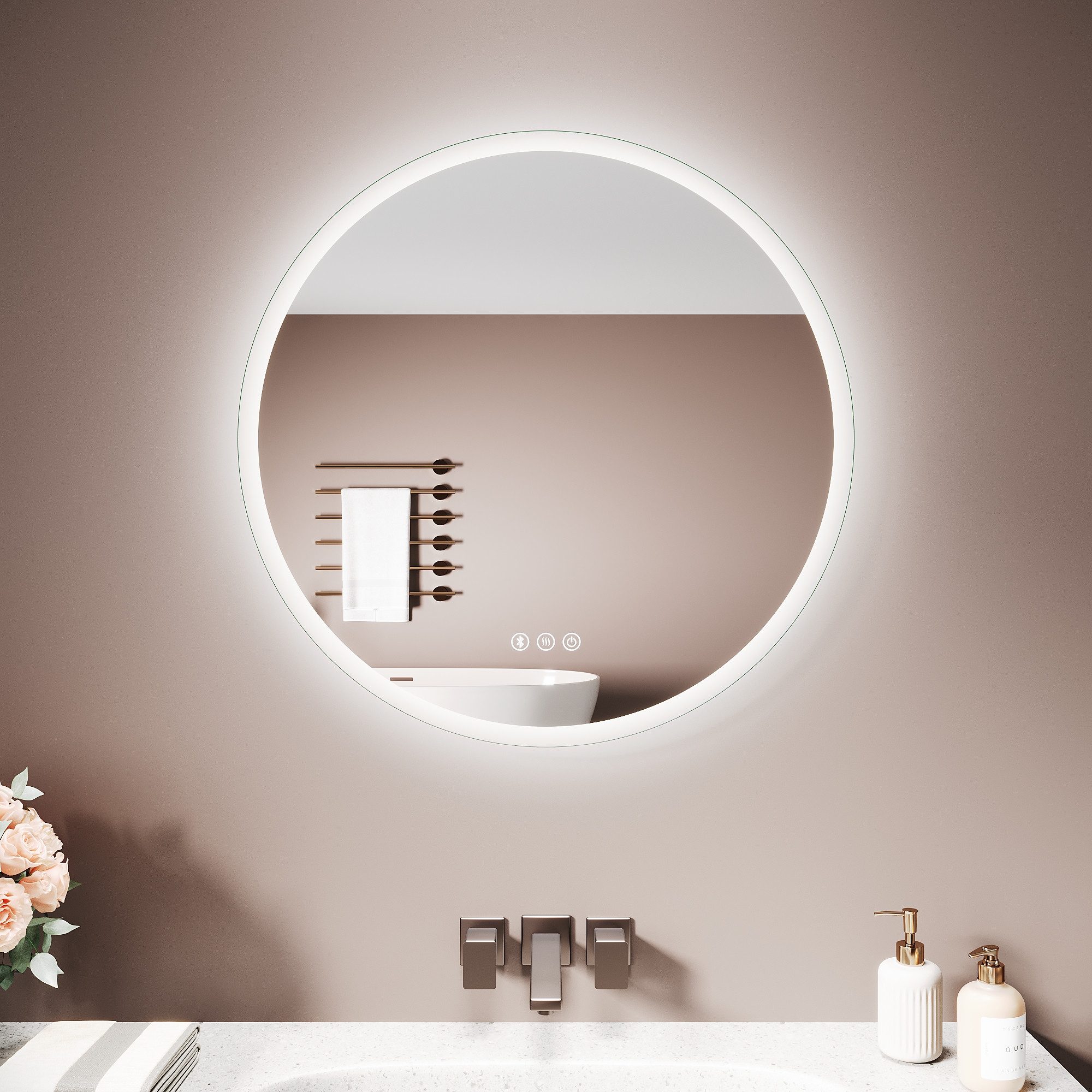 SONNI Badspiegel Badspiegel mit Beleuchtung LED 3-fach Runder Spiegel, Drei Farbtemperaturen dimmbar, Antibeschlag, Ladesteckdose