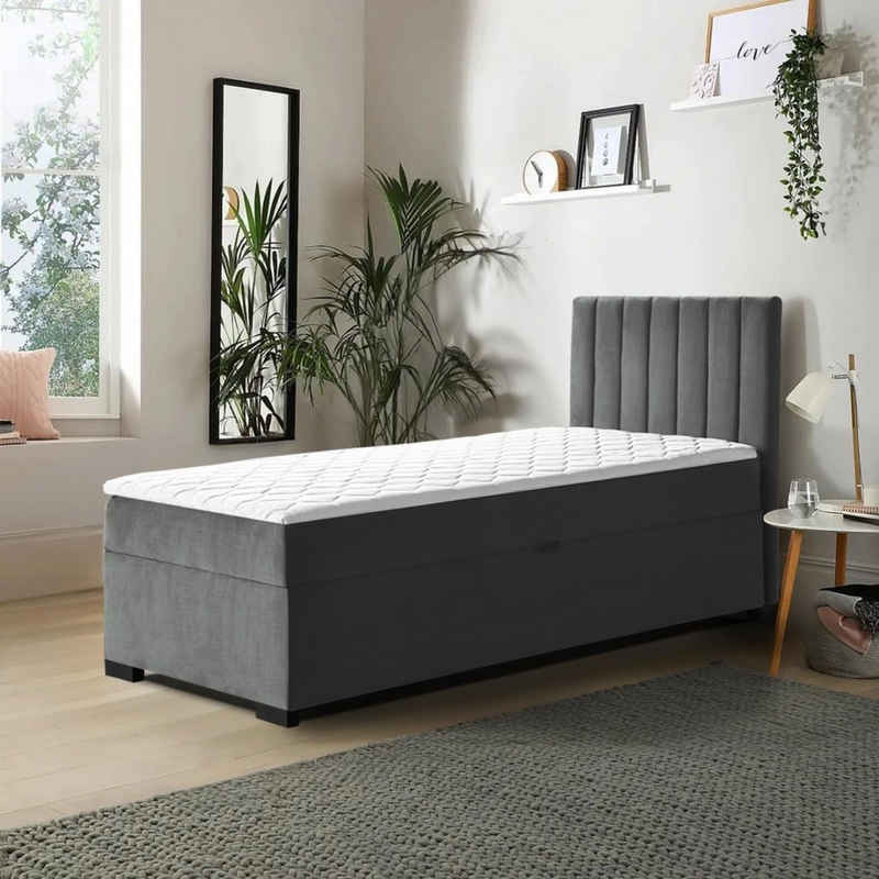 Beautysofa Boxspringbett Eric (kleines Bett, inkl. Federkernmatratze, Topper, Bettkasten), Einzelbett im modernes Stil, Boxspring 90 cm