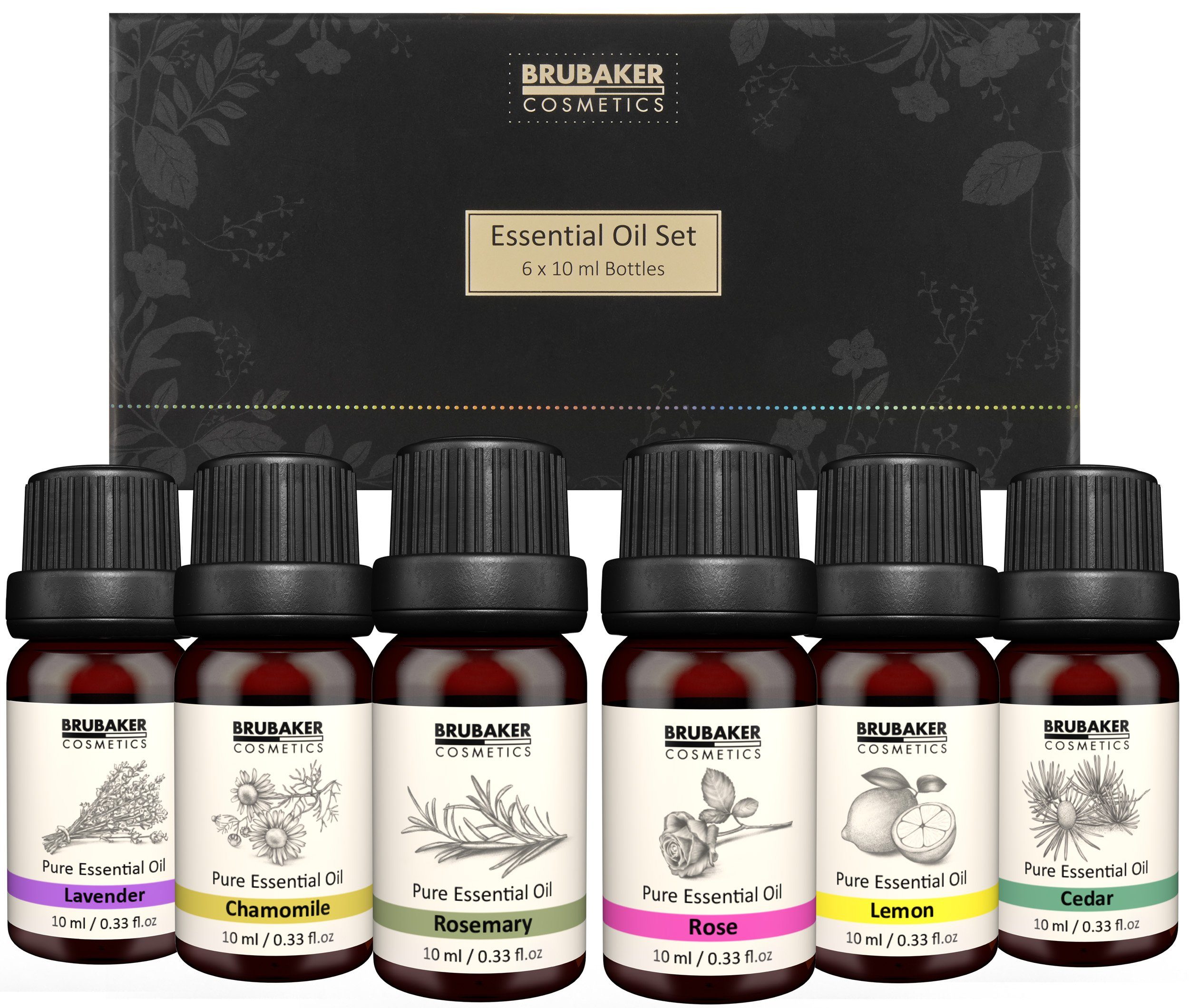 BRUBAKER Duftöl 6er-Set Ätherische Öle Aromatherapieöle (6 x 10 ml Naturrein, Lavendel Rose Rosmarin Kamille Lemon Zeder), Ätherische Öle Aromatherapie Geschenkset