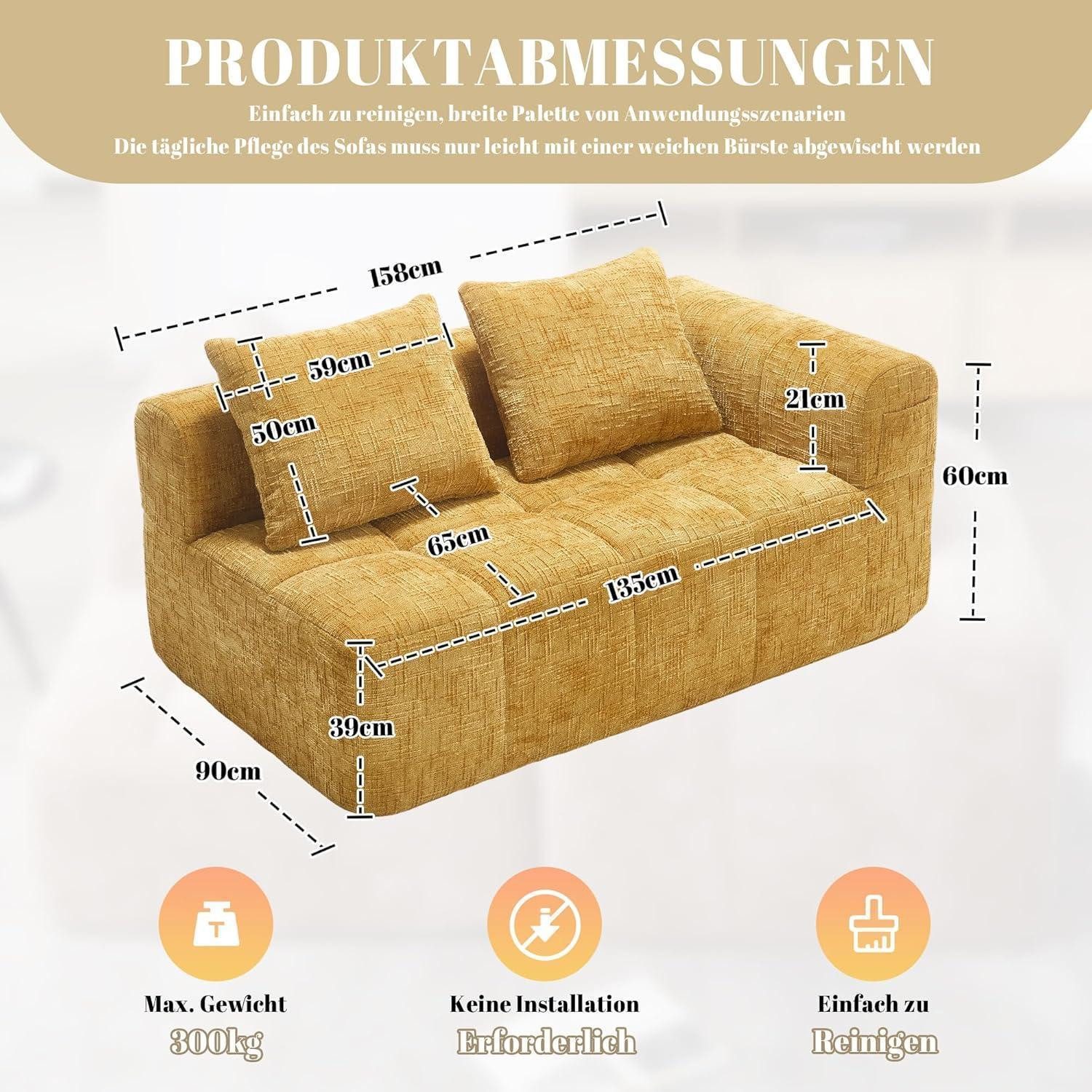 LuxusKollektion Chaiselongue Polstersofa 2 Sitzer Chaiselongue 2 Kissen kein Zusammenbau Gelb B