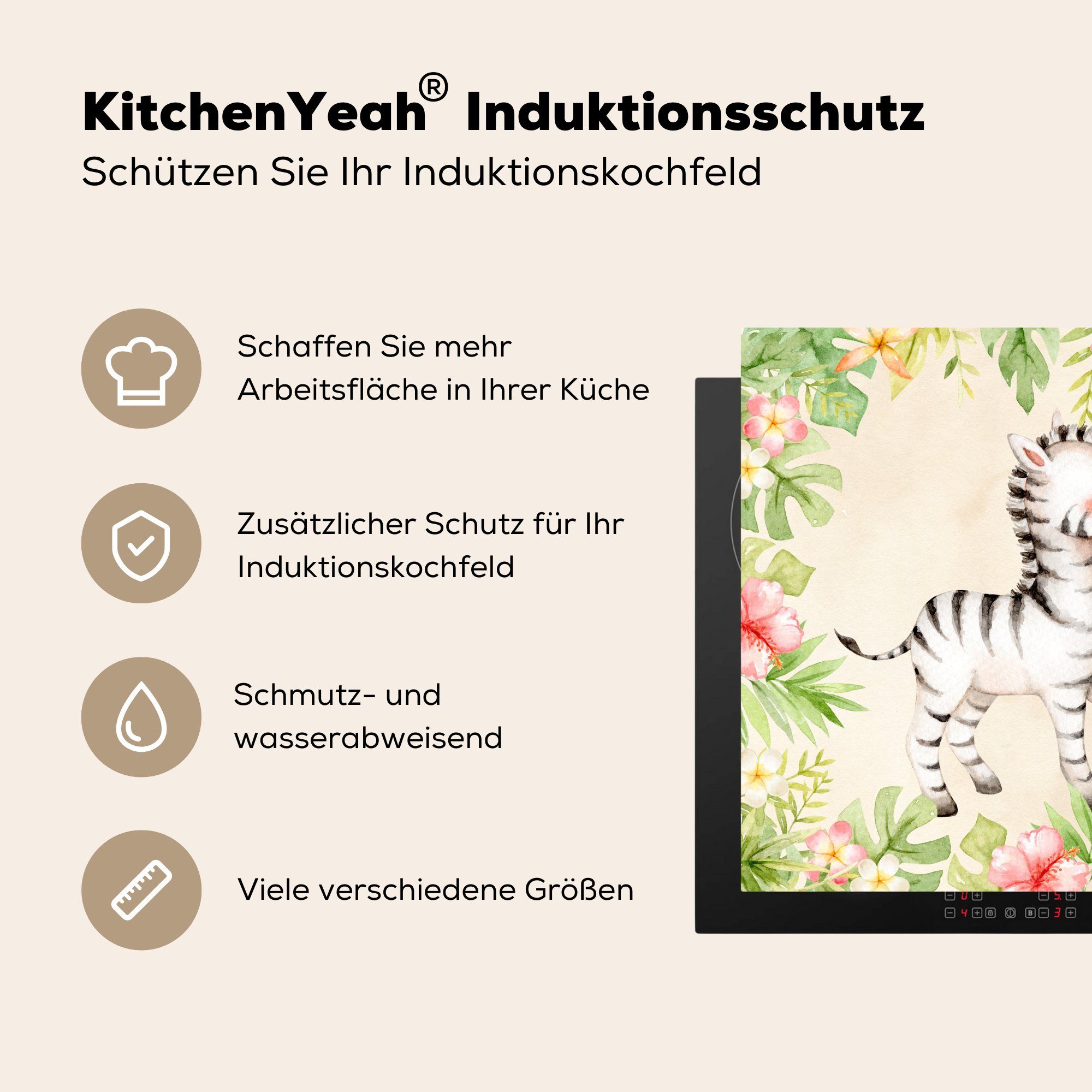 78x78 cm, (1 Ceranfeldabdeckung, tlg), küche Arbeitsplatte Aquarellfarbe, Zebra für Vinyl, Herdblende-/Abdeckplatte - Dschungel MuchoWow -