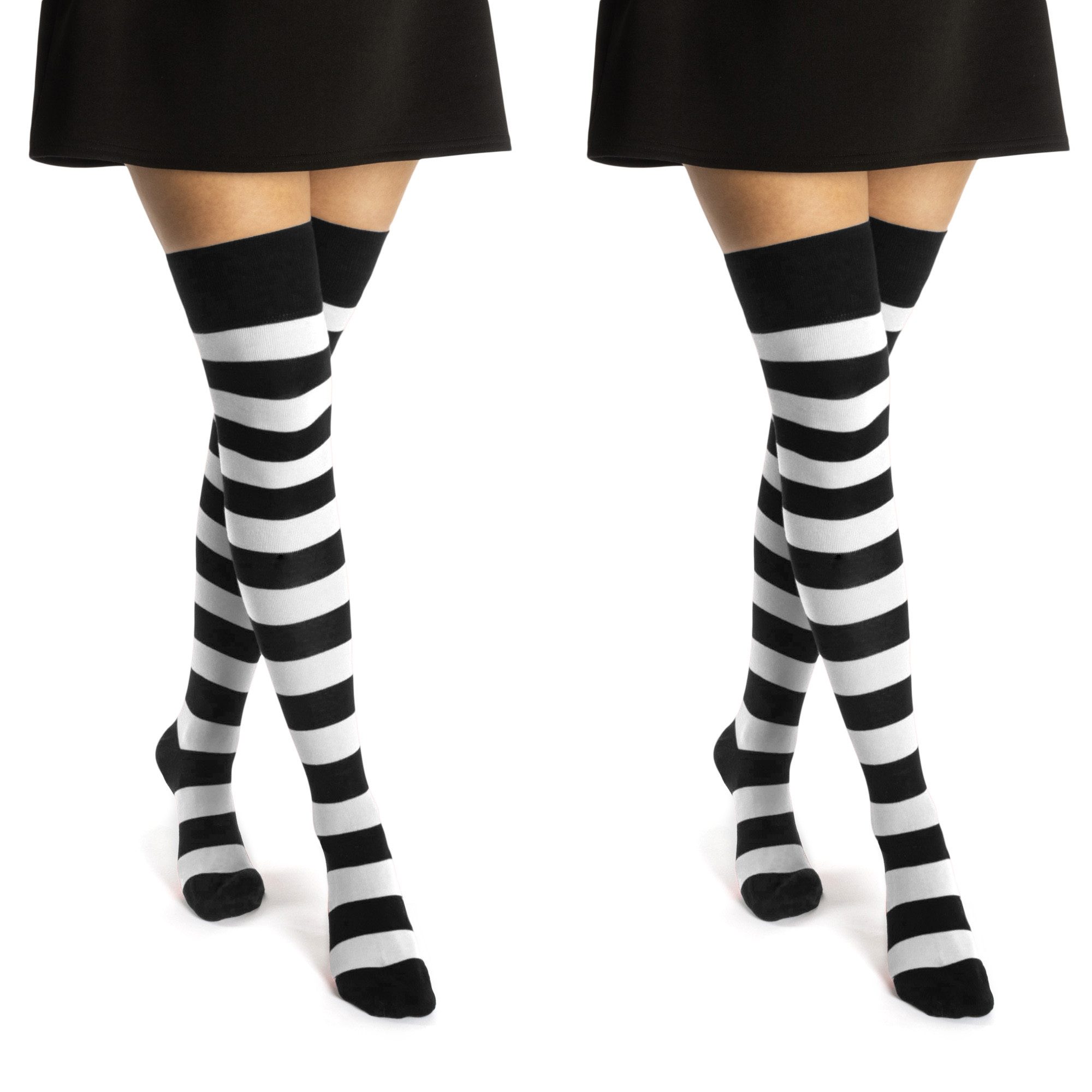 sockenkauf24 Overknees 2 Paar Overknee Strümpfe Damen Kniestrümpfe (Ringel Schwarz/Weiß, 35-38) Schwarz Bunt Ringel Baumwolle - 10723 WP