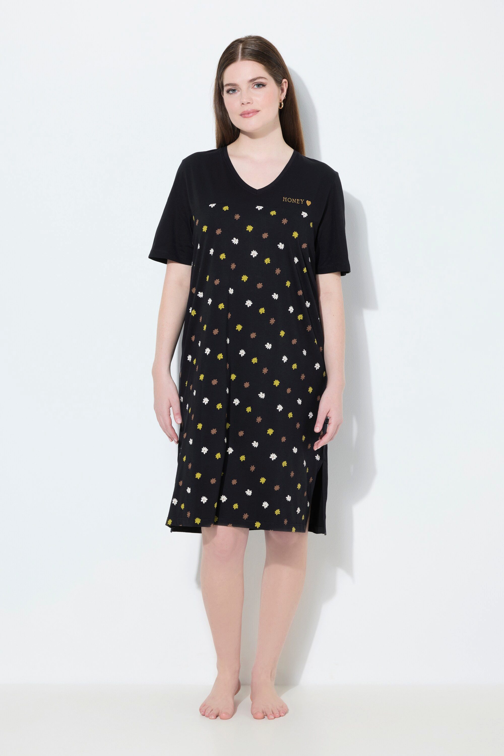 Ulla Popken Bigshirt Bigshirt Blüten Stickerei V-Ausschnitt Halbarm günstig online kaufen