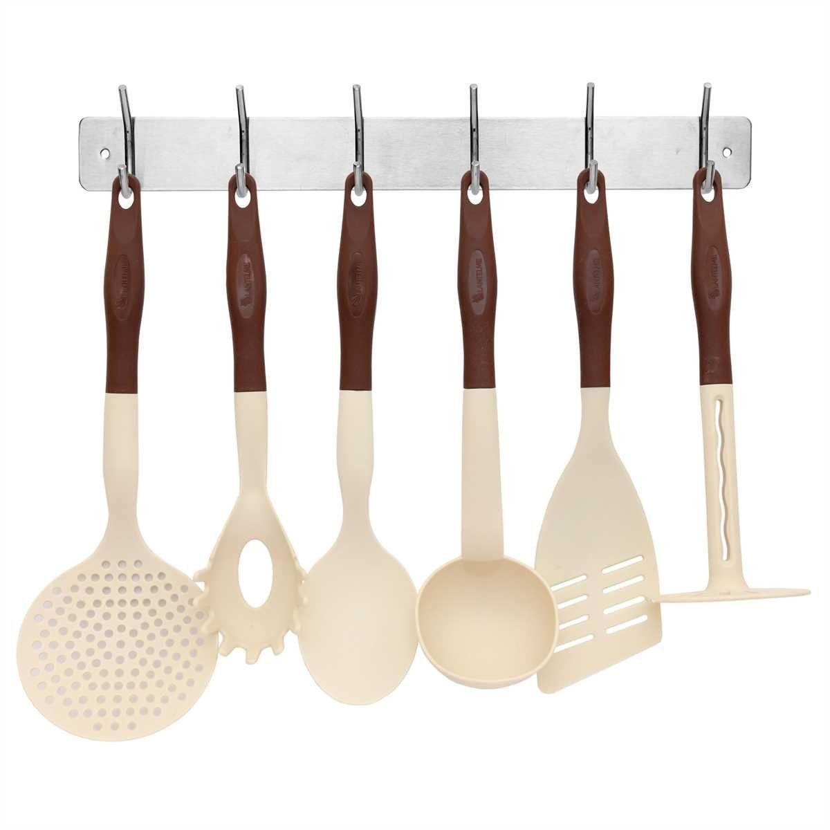 Lantelme Kochbesteck-Set mit Hakenleiste Auswahl Farbe Kochutensilien Küchenleiste Edelstahl (7-tlg), Küchenhelfer mit Hakenleiste