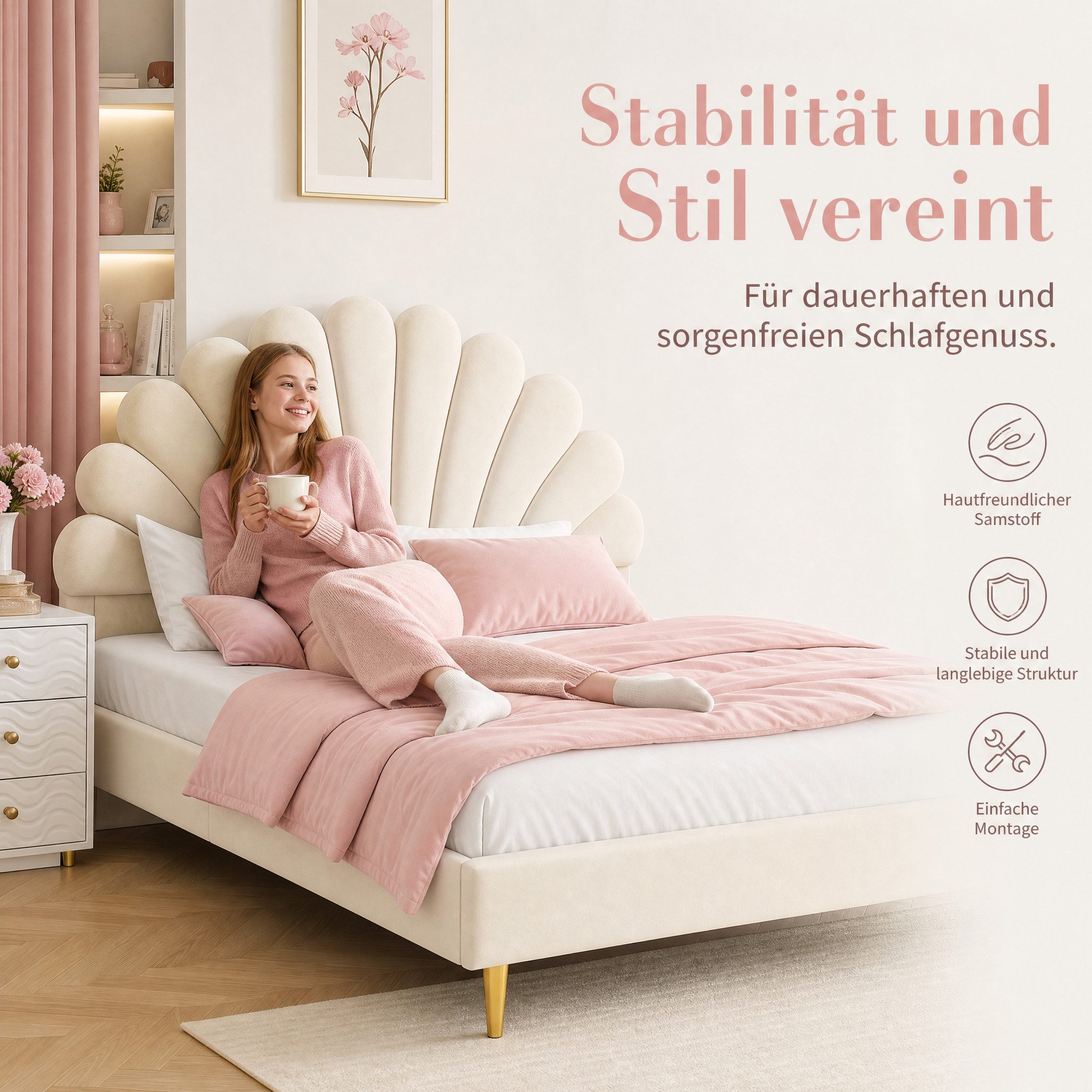 Simurq Polsterbett Kinderbett Mädchen 140x200cm, Kopfteil in Blumenform Muschelform, Doppelbett Gepolstertes Bettgestell mit Lattenrost,Samt – Bild 5 von 5