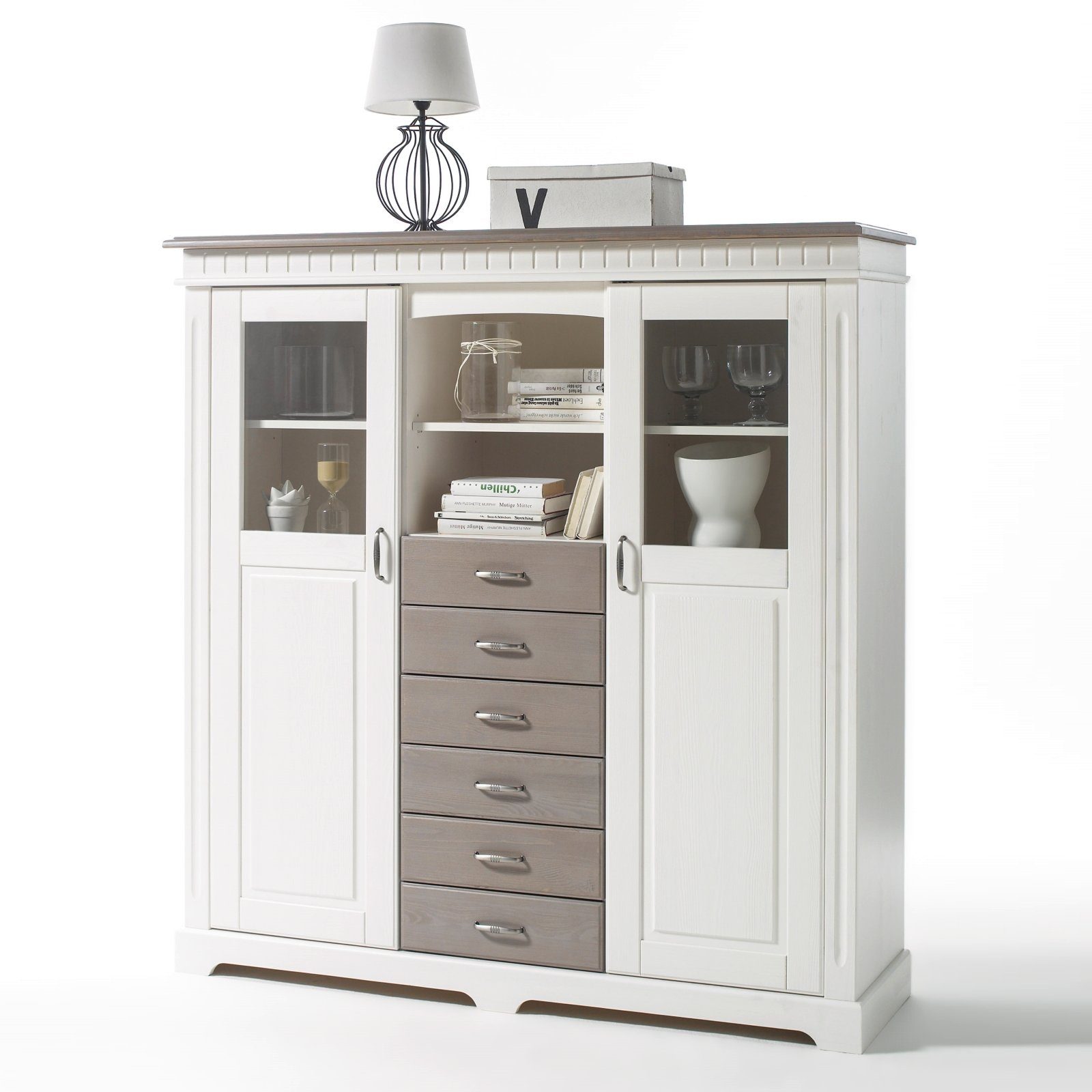Empinio24 Highboard Cordoba, Breite 144 cm, Kiefer massiv, weiss