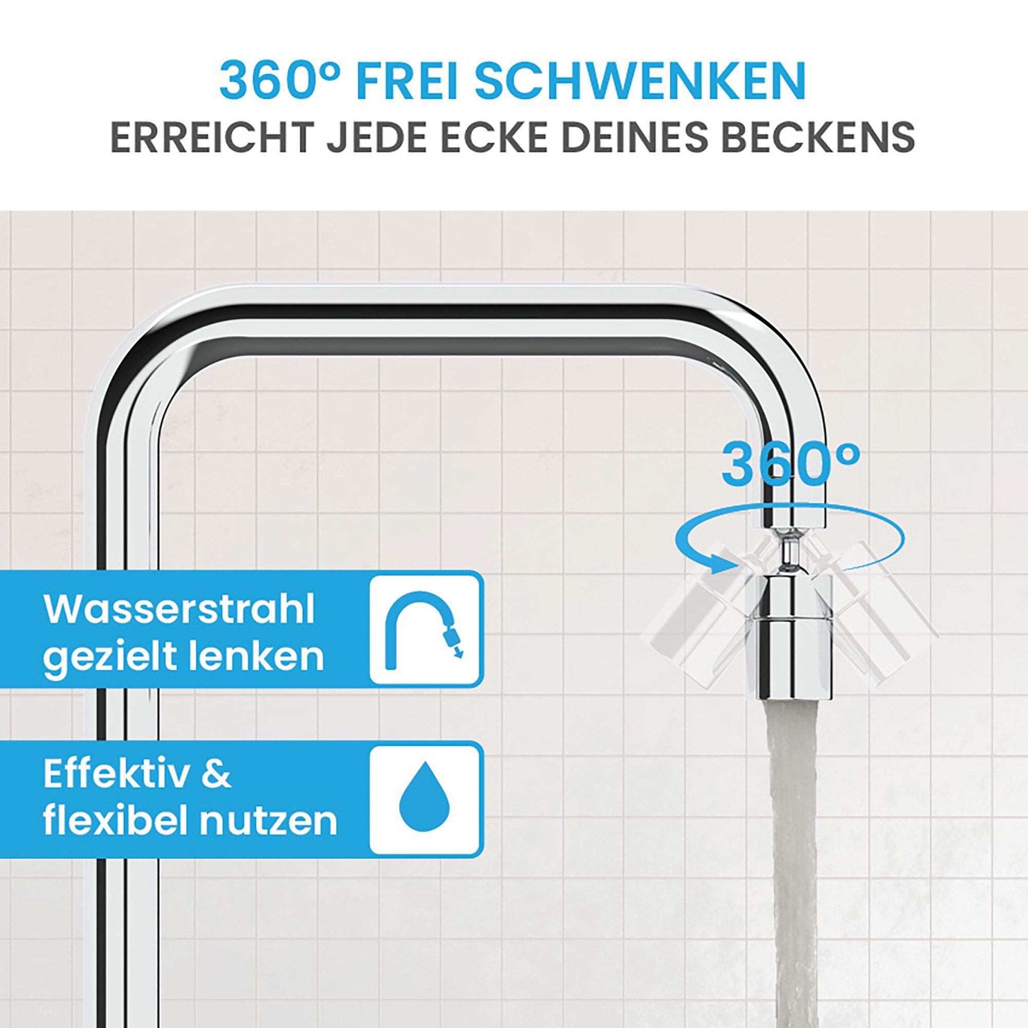 Bächlein Küchenarmatur Hochwertiger Wasserhahnaufsatz mit 2 Strahlarten (Chrom) gerader Aufsatz mit 360° Schwenkbereich – Bild 5 von 5
