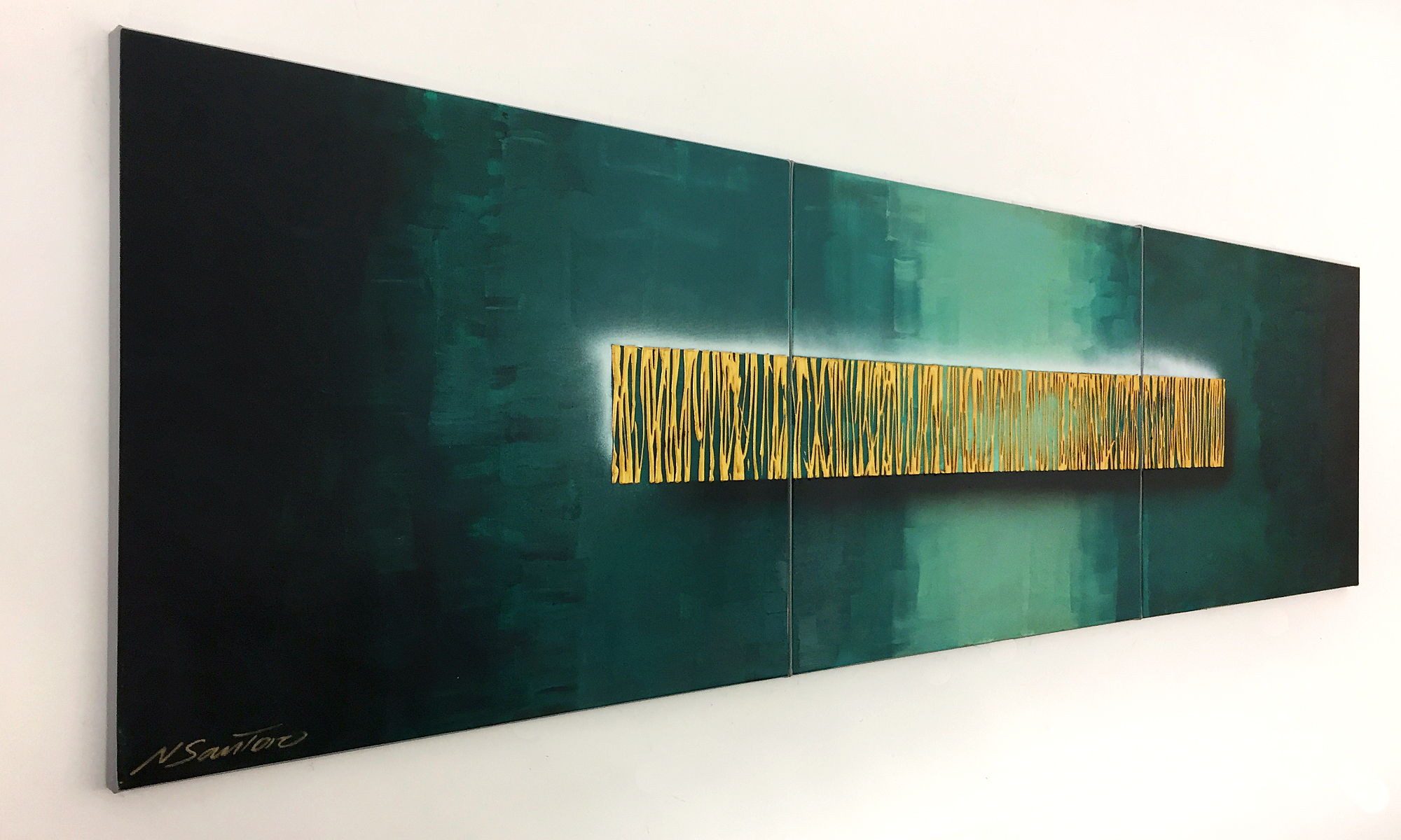 WandbilderXXL XXL-Wandbild Golden Way 210 x 60 cm, Abstraktes Gemälde, handgemaltes Unikat