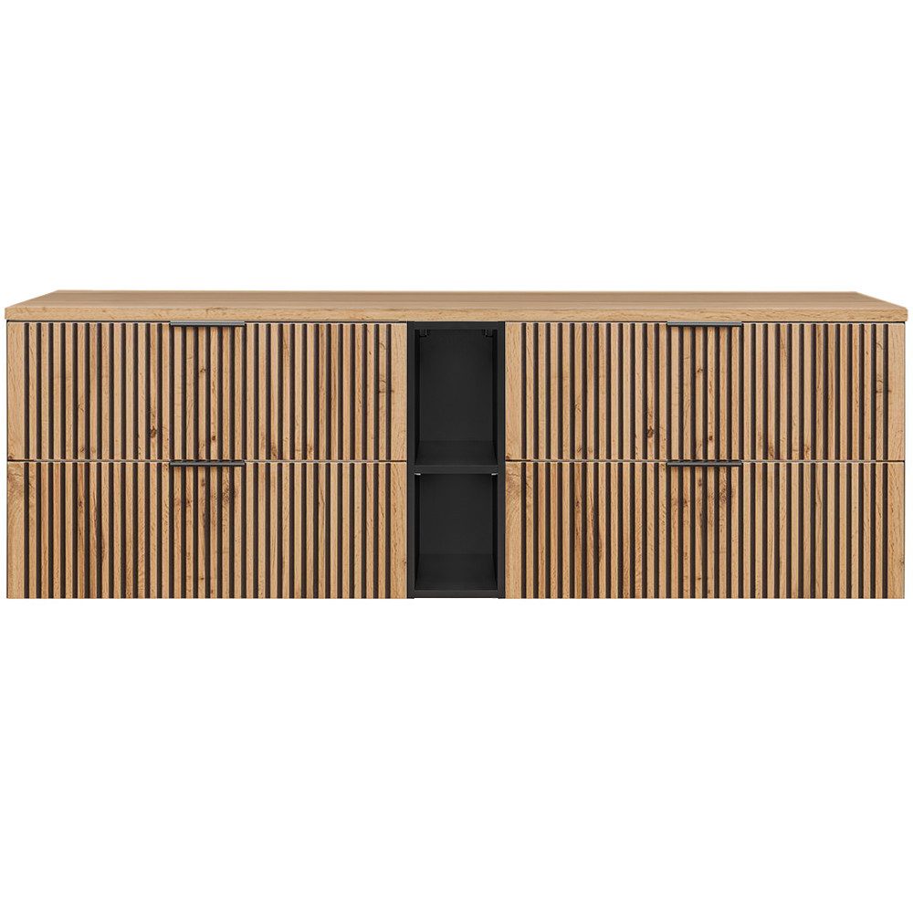 Lomadox Waschbeckenschrank XANTEN-56 180 cm Breit, anthrazit mit Eiche Nb. schwarze Rillen, Softclose