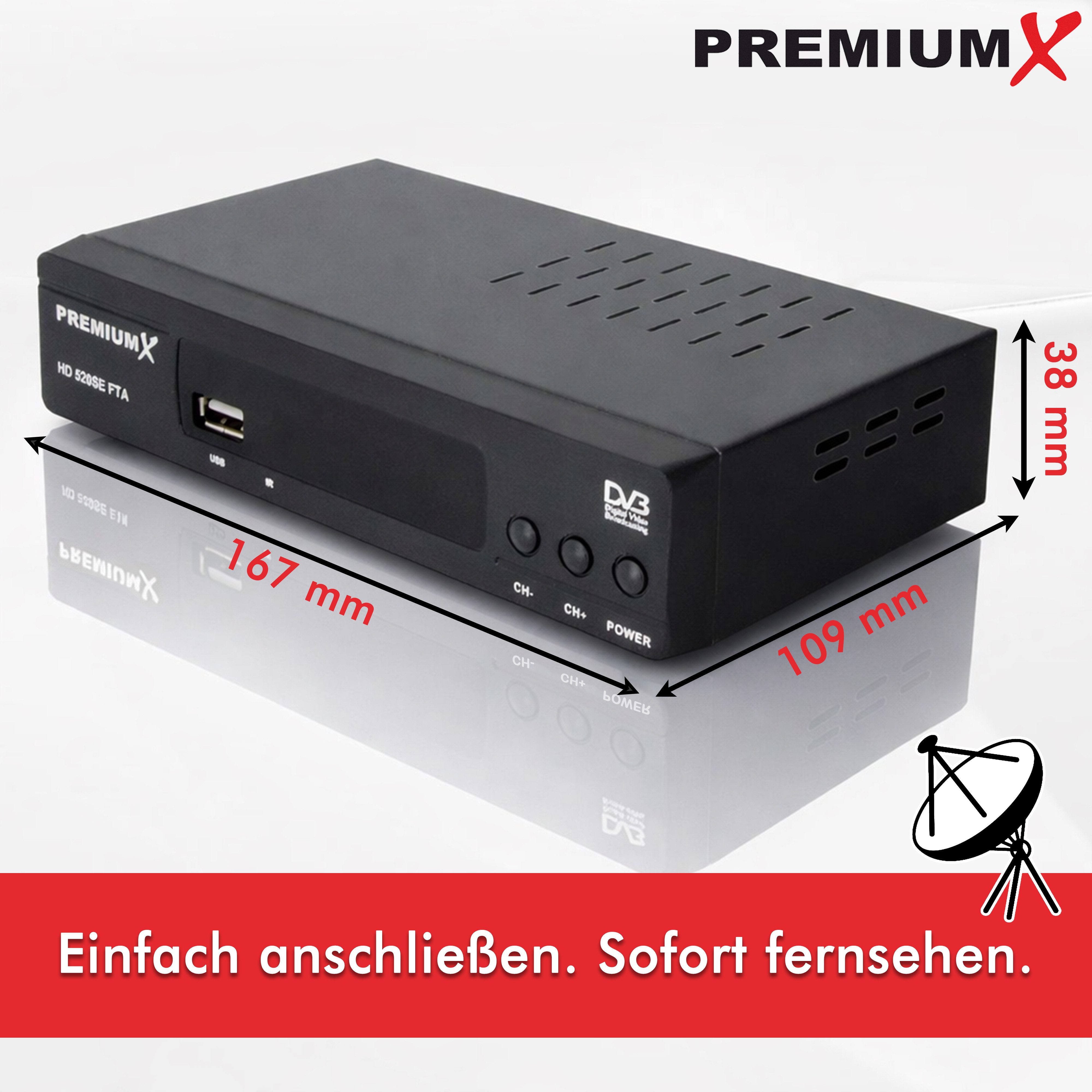 PremiumX HD 520SE-B FTA Digital SAT Receiver DVB-S2 HDMI SCART Antennenkabel SAT-Receiver