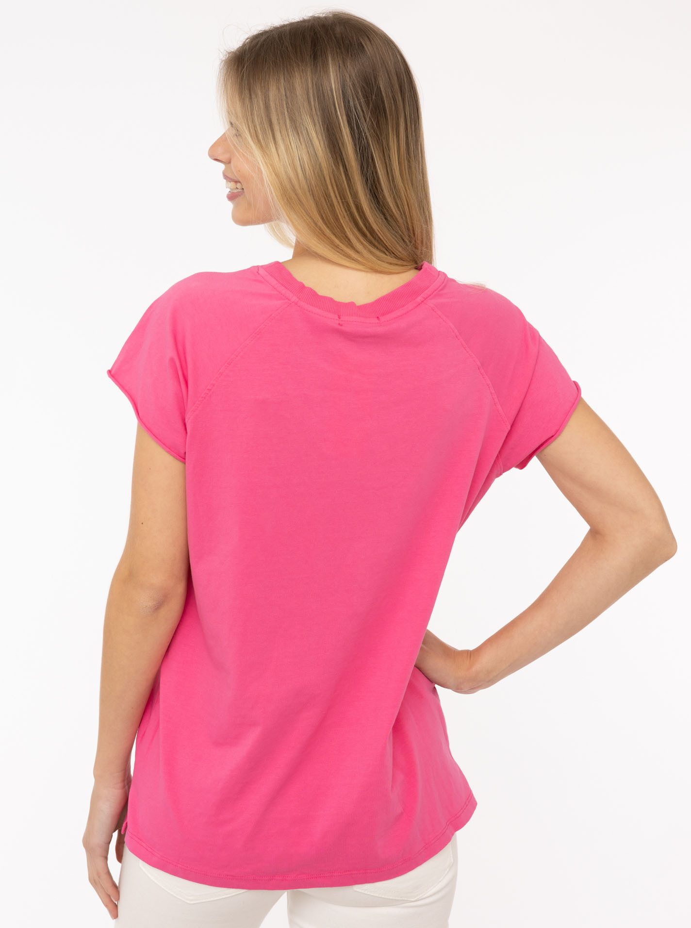 Zwillingsherz Kurzarmshirt "Positive Mind" V-Ausschnitt, Kurzarm, hinten etwas länger, Baumwollmischung