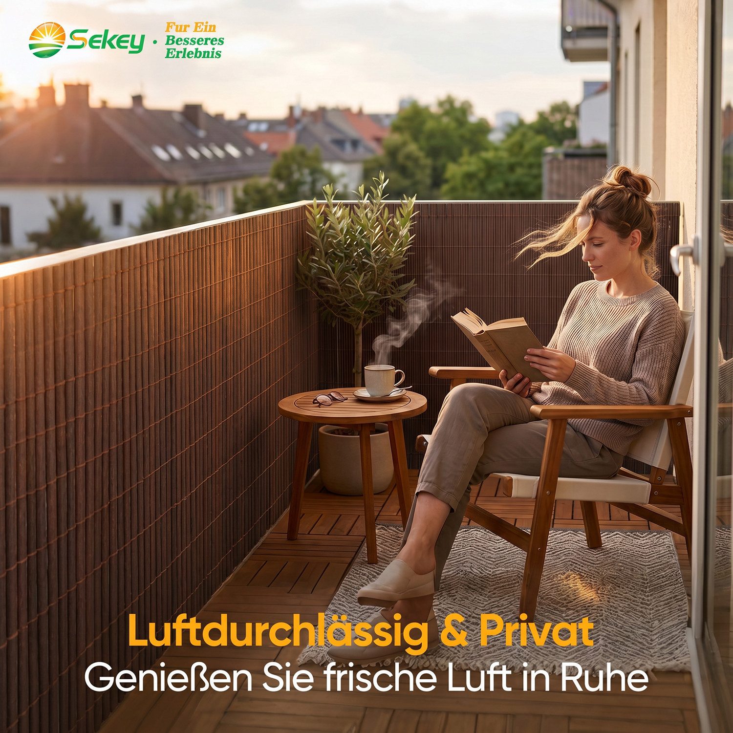 Sekey Balkonsichtschutz Sichtschutzmatte in Natur-Optik, wetterfest für Balkon, Garten & Zaun UV-beständig und wetterfest für Balkon, Garten & Terrasse