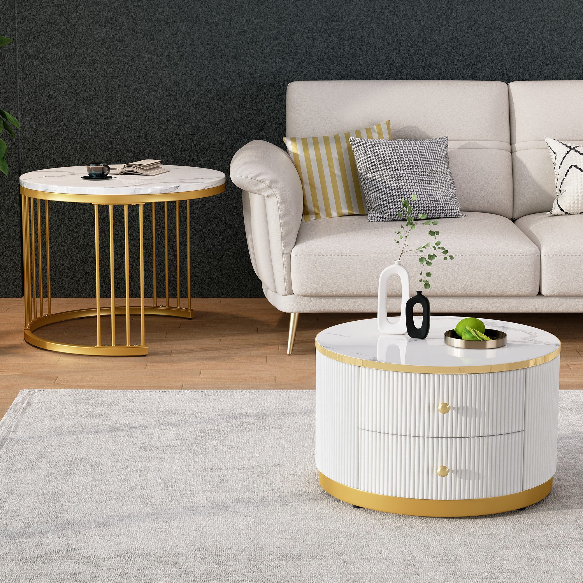 IDEASY Couchtisch Nesting Couchtisch-Set 2er weiß mit 2 Schubladen, 60+50cm (2 Schreibtische, Hochglänzende Marmoroptik, 2 Schubladen), MDF-Platten & Kunststofffüße, flexibles Nesting-Design