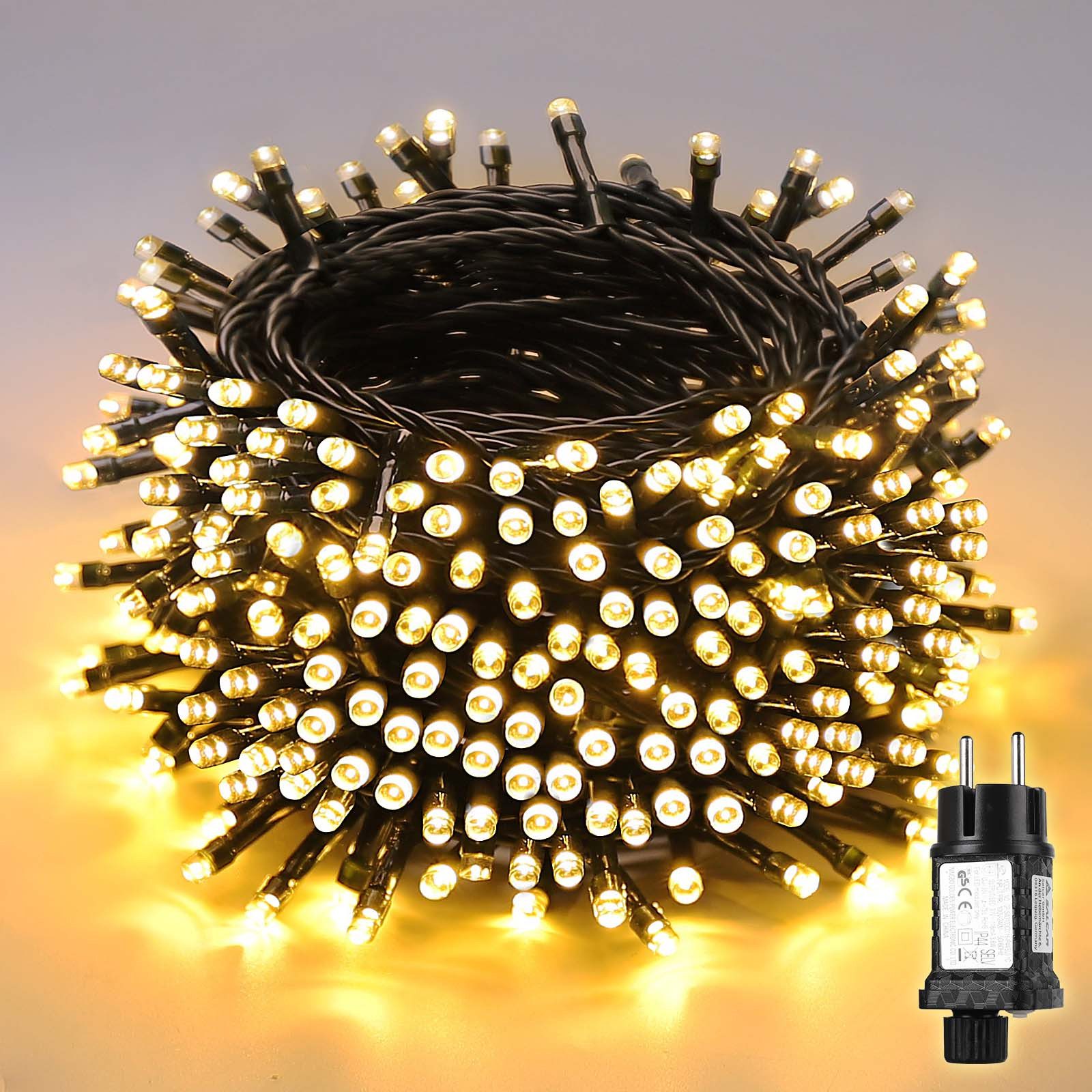 Salcar LED-Lichterkette 2m-100m LED Lichterkette Weihnachtsbaum Spritzwassergeschützt, 15m 220 LED, 8 Modi und Memory-Funktion, 31V, Spritzwassergeschützt