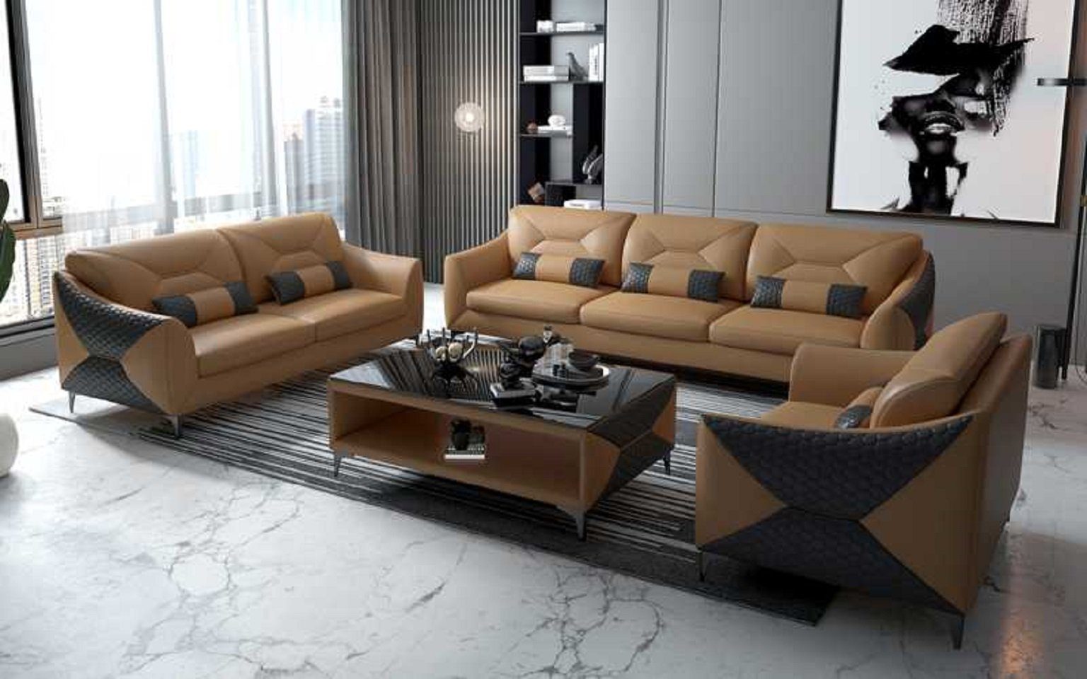 JVmoebel Wohnzimmer-Set Modern Sofagarnitur Couchgarnitur 321 Sitzer Sofas, (3-St., Nur Sofa 2+3 Sitzer + Sessel), Made in Europe Braun