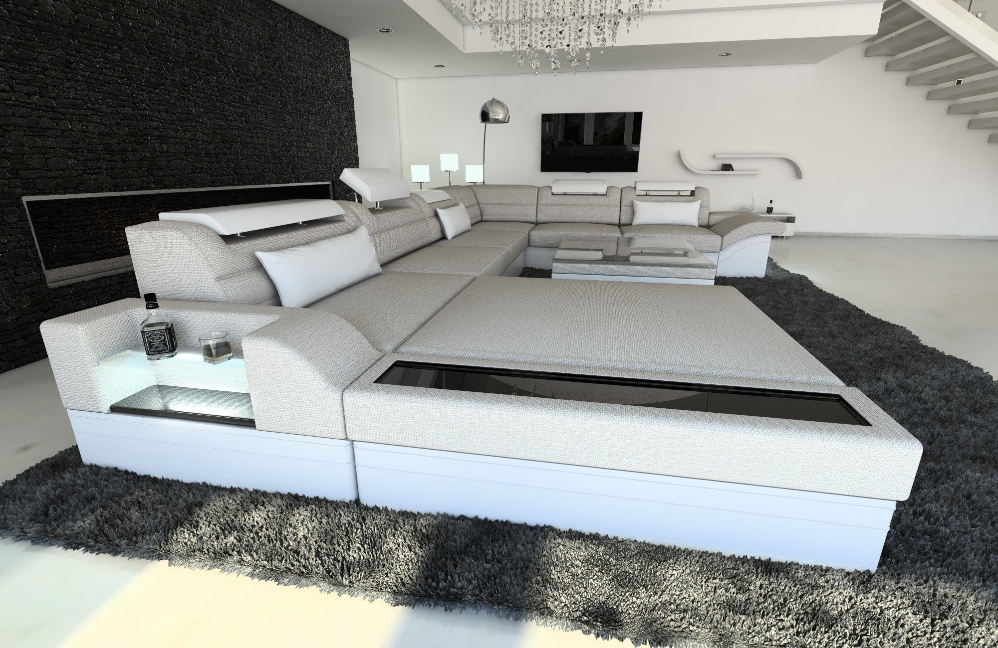 H2 Couch Sofa Dreams mit Designersofa Mezzo U Stoffsofa, Sofa wahlweise als Wohnlandschaft Schlafsofa, mit Polster Macchiato-Weiss XXL Bettfunktion Form LED,