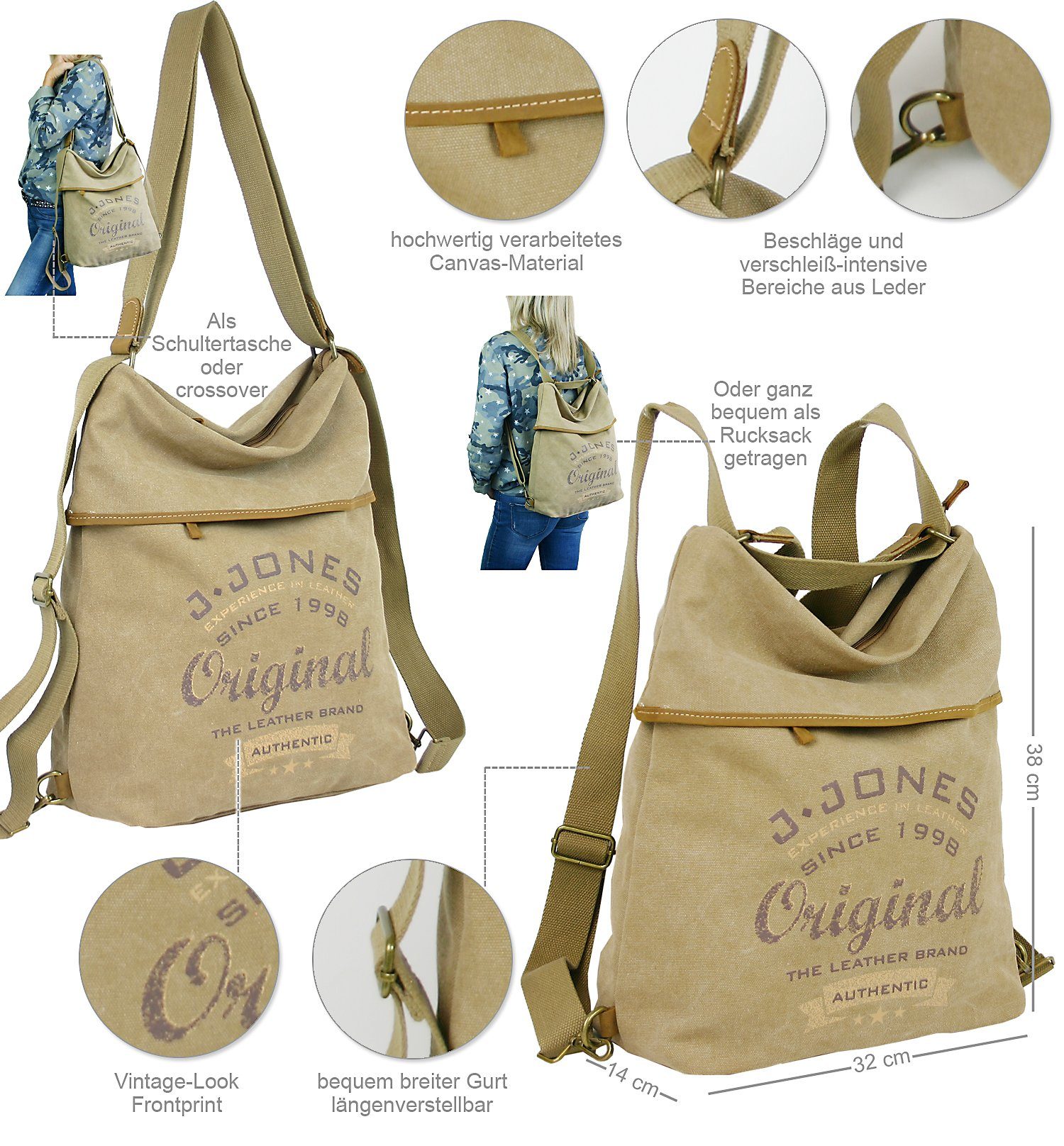 J JONES JENNIFER JONES Umhängetasche Große Canvas Rucksacktasche - Casual Rucksack und Schultertasche 2in1 – Bild 3 von 5