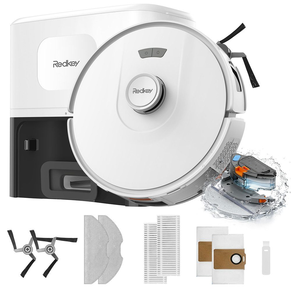 Redkey Saugroboter 20000 Pa 2026 Saugroboter mit Wischfunktion und Absaugstation AI App, 36 W, mit Beutel, mit Staubabsaug-undSelbstreinigungsfunktion, Appsteuerung