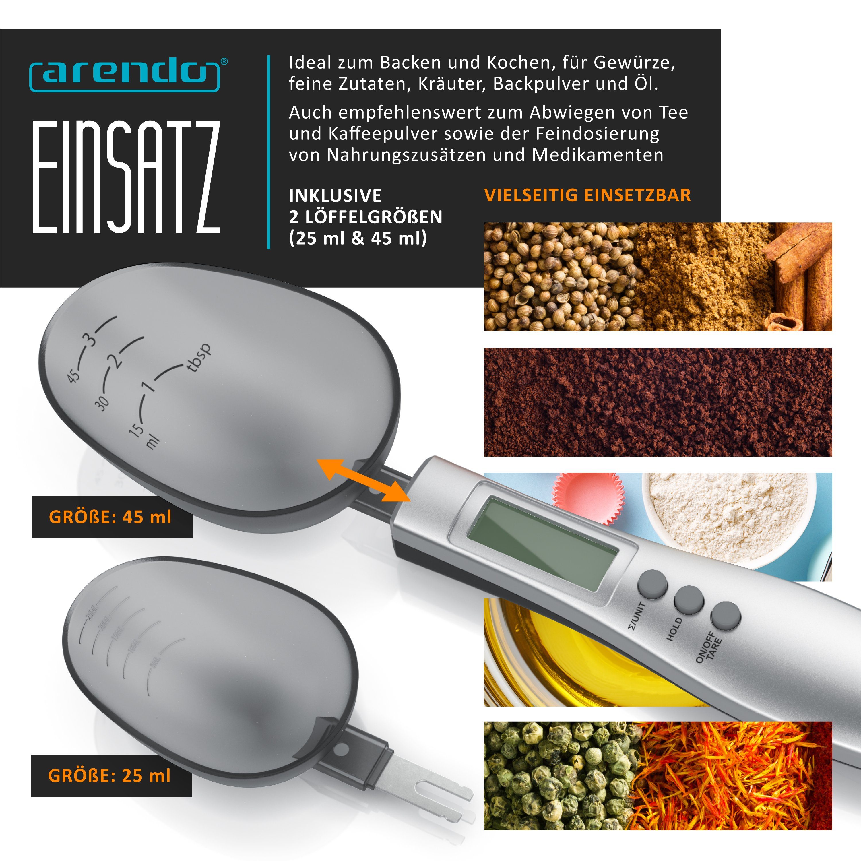 Arendo Löffelwaage digital 0,1g, Küchenwaage, Feinwaage, LCD-Anzeige, 2 abnehmbare Löffel, Summierfunktion, für Gewürze, Proteinpulver, Milchpulver, Backen uvm.