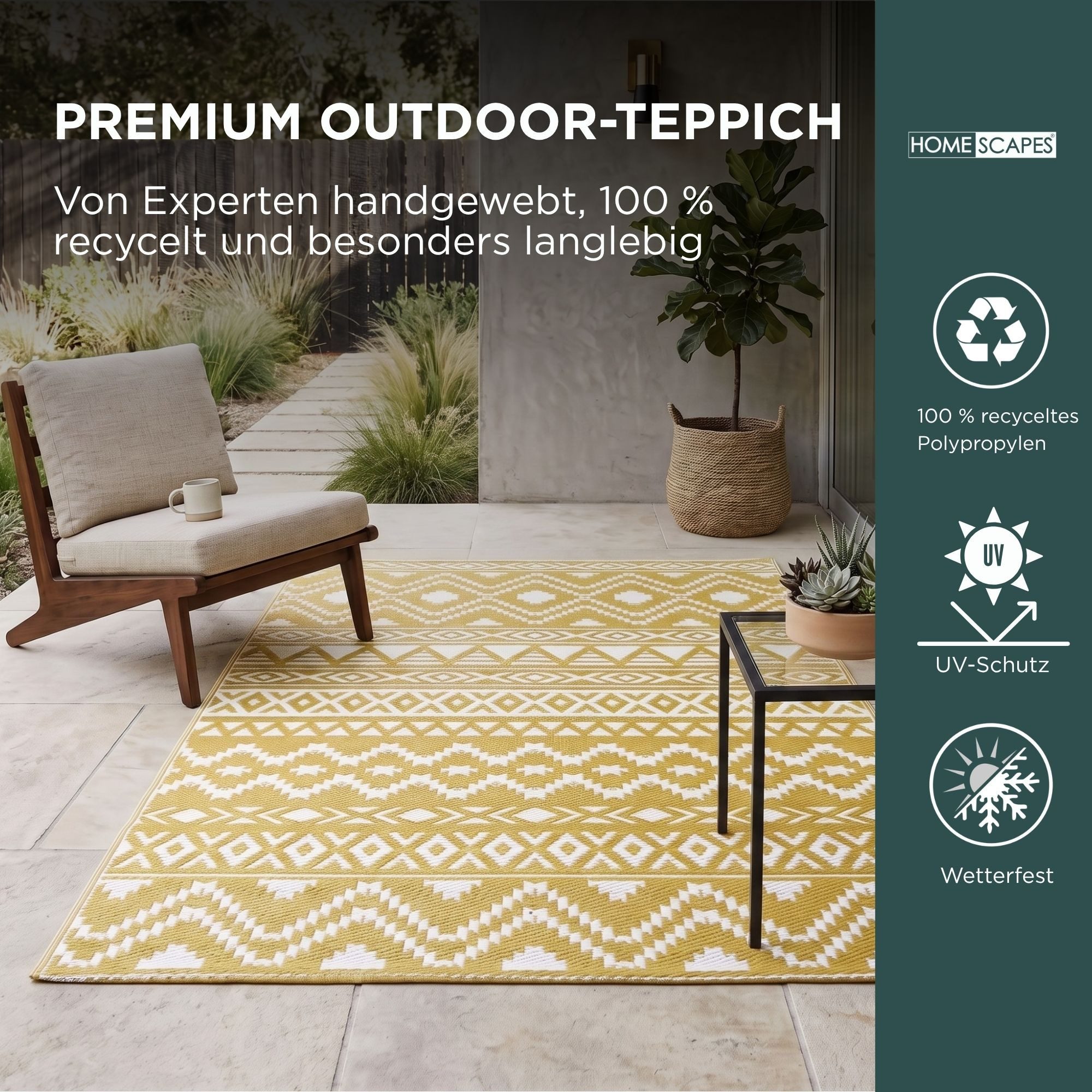 Homescapes Outdoorteppich Outdoor-Teppich Anna aus Polypropylen, senfgelb gemustert,120 x 180 cm, rechteckig, Höhe: 20 mm – Bild 2 von 5