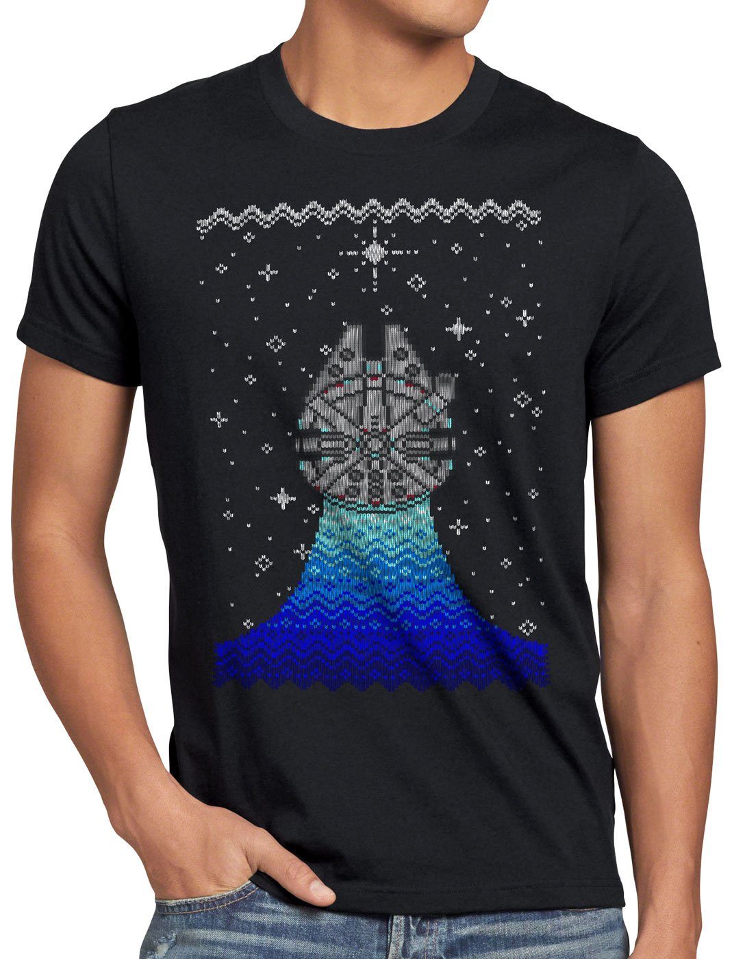 style3 Print-Shirt Herren T-Shirt Strick Wars Ugly Sweater rasender falke x-mas pulli weihnachtsbaum