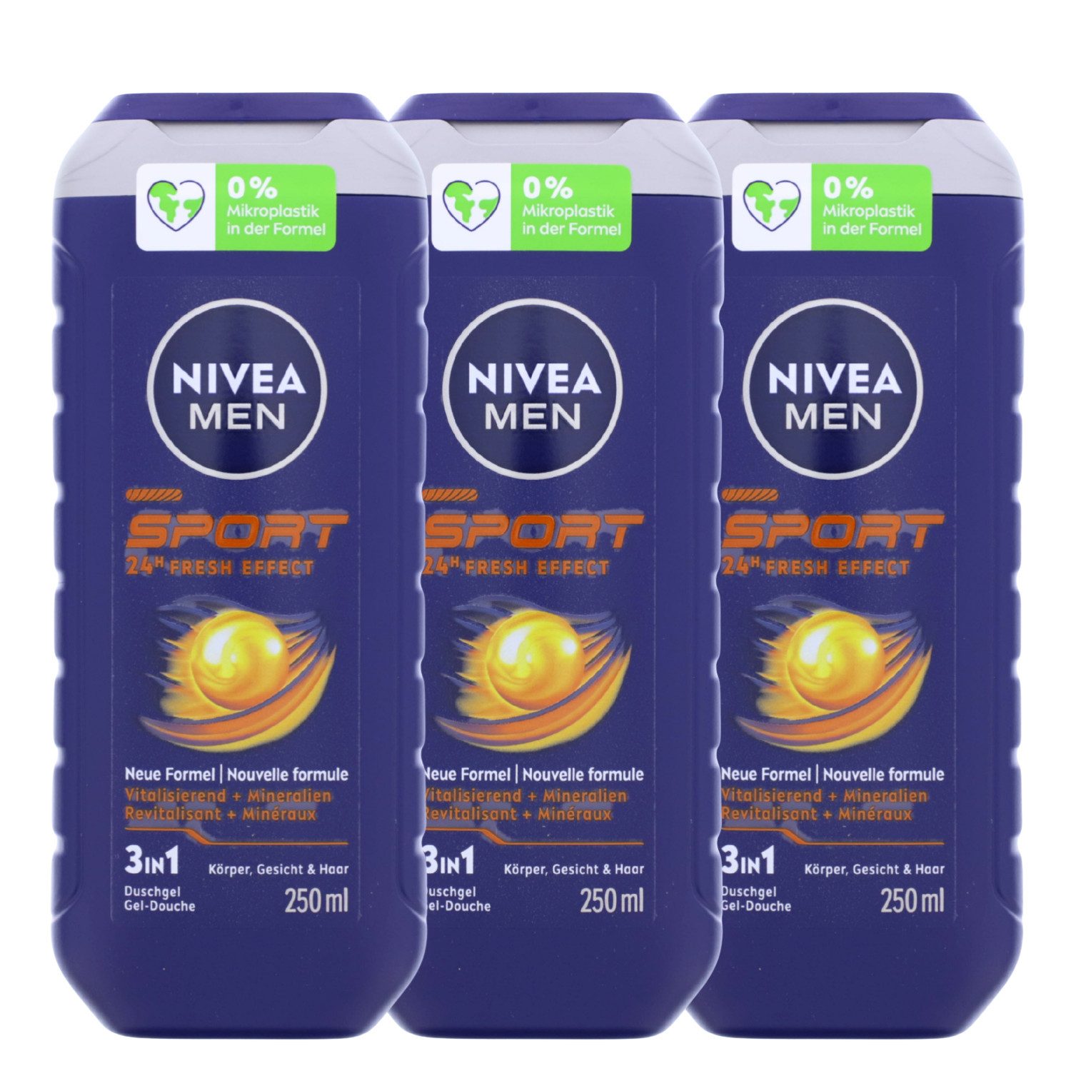 Nivea Duschgel 3 x NIVEA MEN Sport je 250ml Pflegedusche 3in1 Duschgel für Männer