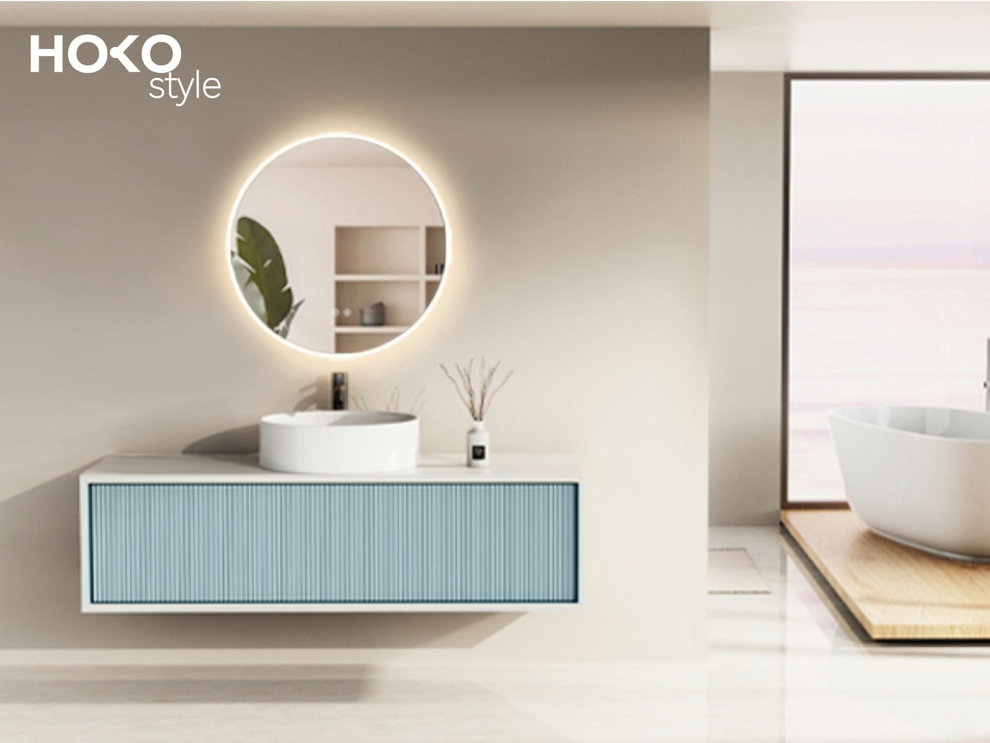 HOKO Badspiegel rund mit Beleuchtung, Anti-Beschlag und Memory-Funktion (LED-Wandspiegel mit Farbwechsel von 2700 bis 6500k, steuerbar über Touch-Schalter oder Wandschalter), für Badezimmer und Gäst-WC, IP44, Ulm