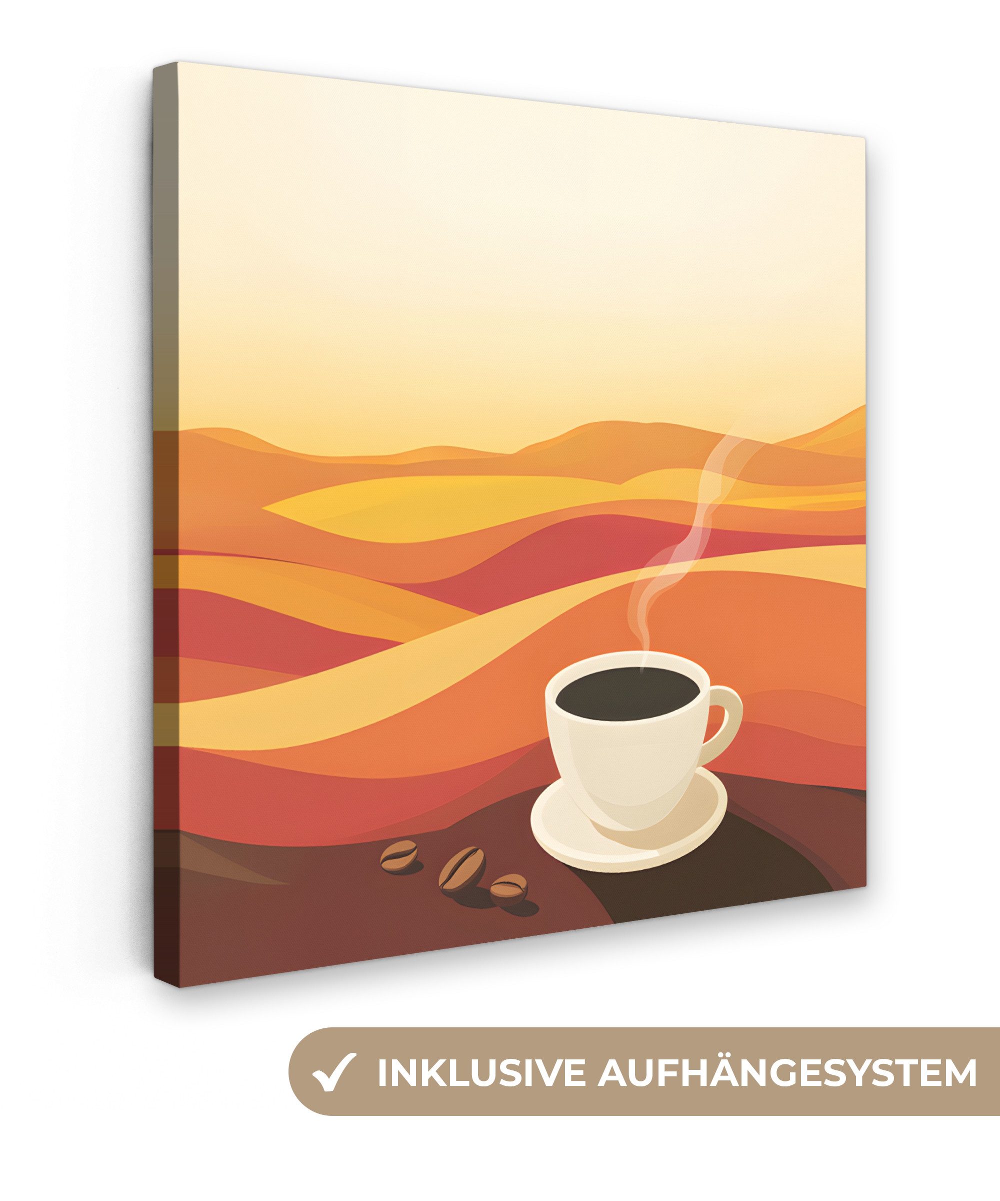 OneMillionCanvasses® Leinwandbild Kaffee - Landschaft - Orange - Kaffeebohnen, Fotodruck (1 St), Wandbilder für Esszimmer, Wanddeko Bilder Küche, 20x20 cm
