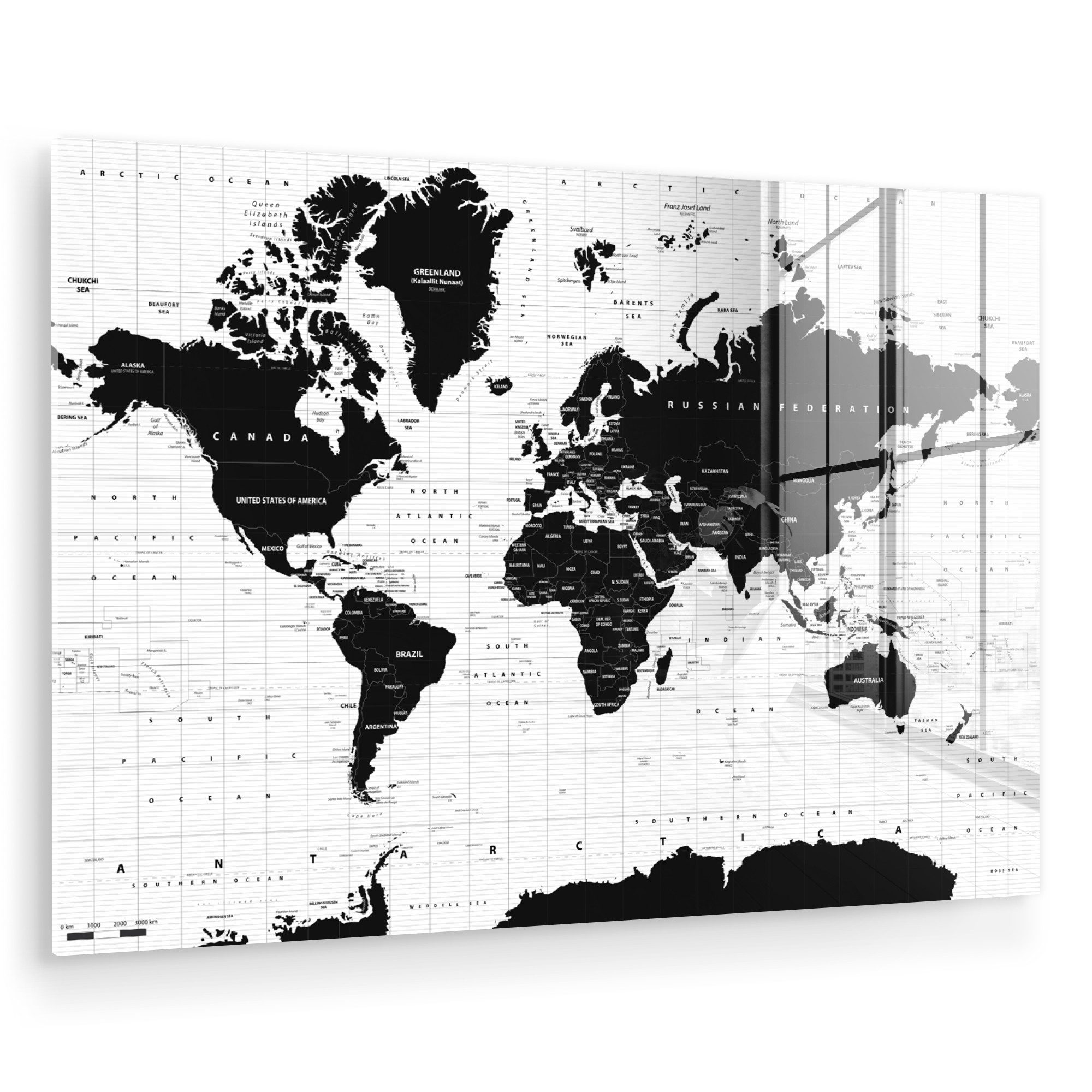 MuchoWow Acrylglasbild Weltkarte - Schwarz - Weiß - Atlas - Erde - Bildung, Inkl. Aufhängung, Glasbilder Wohnzimmer, Schlafzimmer, Flur & Esszimmer, 30x20 cm