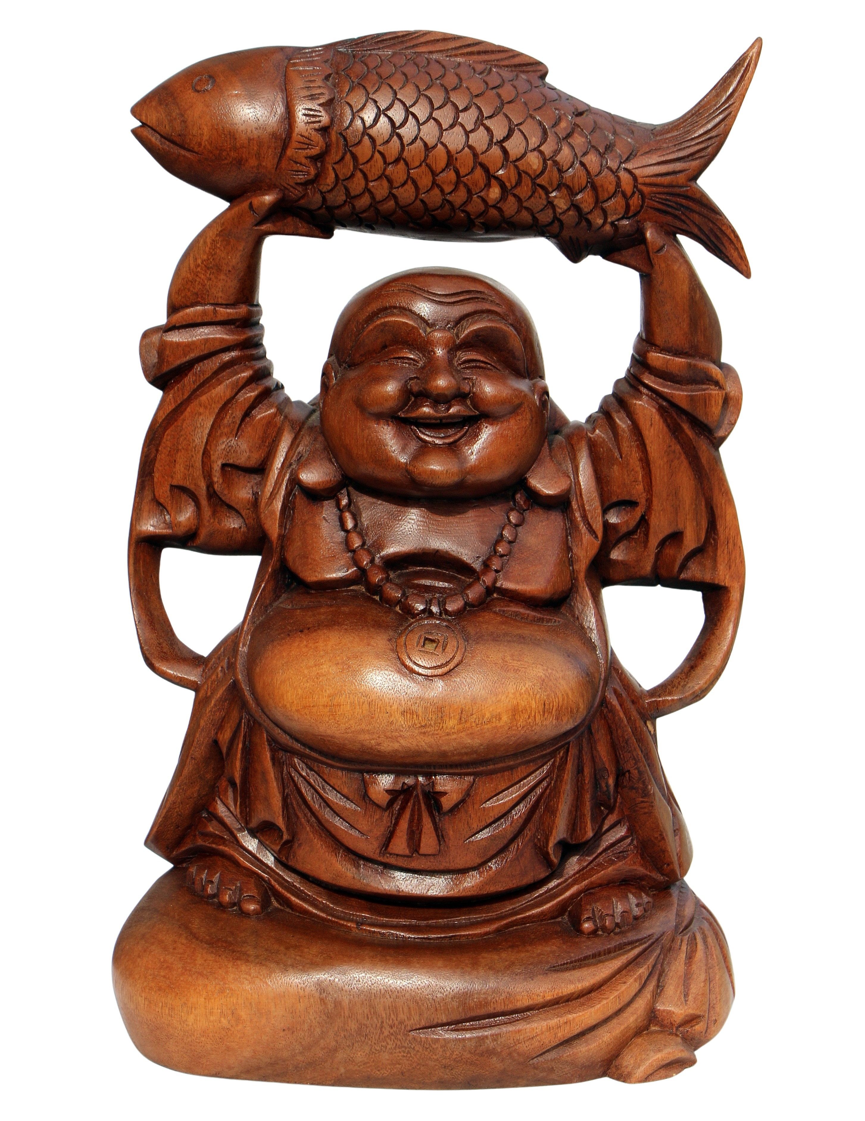 Wogeka Buddhafigur lachender Happy Buddha mit Fisch Holz-Figur