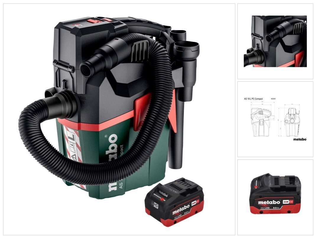 metabo Staubabsauger AS 18 L PC Compact Akku Sauger 18 V 6 l IPX4 Staubklasse L Nass und T