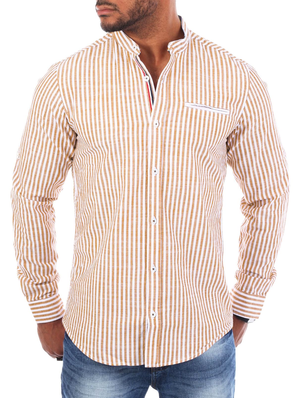 CARISMA Langarmhemd Herren Baumwoll Leinen Mix Hemd 8455 Regular Langarm Stehkragen Gestreift