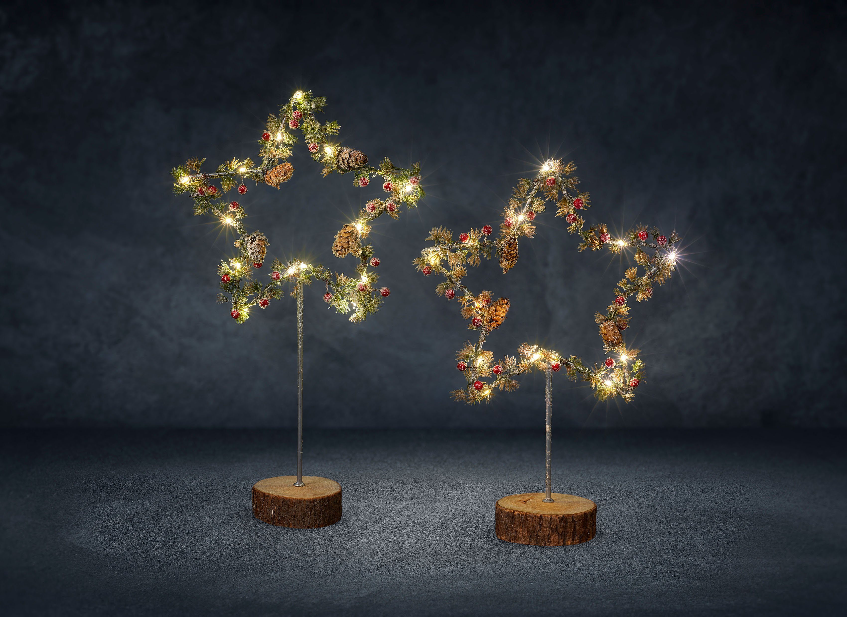 BONETTI LED Stern Weihnachtsstern, mit ca. LED 49 Zapfen, fest 39 Höhe und Set, Holzfuß, + cm 2er Warmweiß, Weihnachtsdeko cm, integriert, Früchte