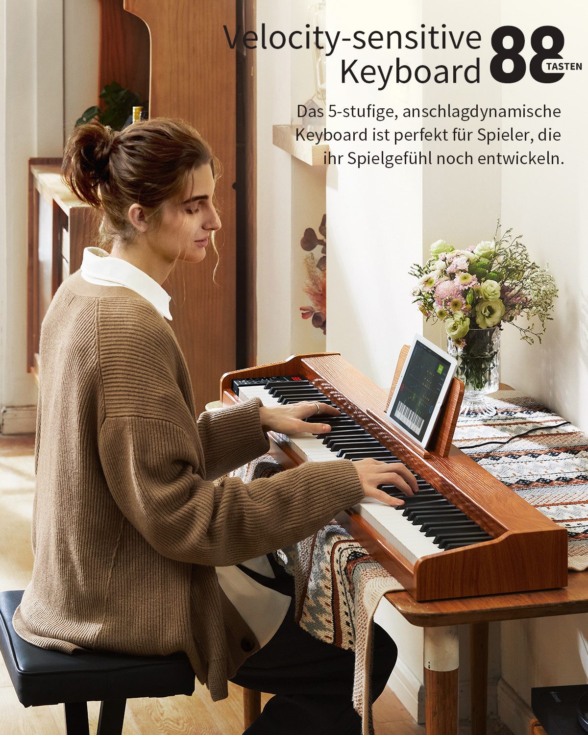 Donner Home-Keyboard Klavier 88 Tasten Elektro piano Einsteiger Tragbares E-Piano DEP-1 (Set, mit Ständer, Sustain-Pedal, Transporttasche und Keyboard-Aufklebern), Einsteiger Digital Keyboard Klavier mit velocity-sensitive Tasten