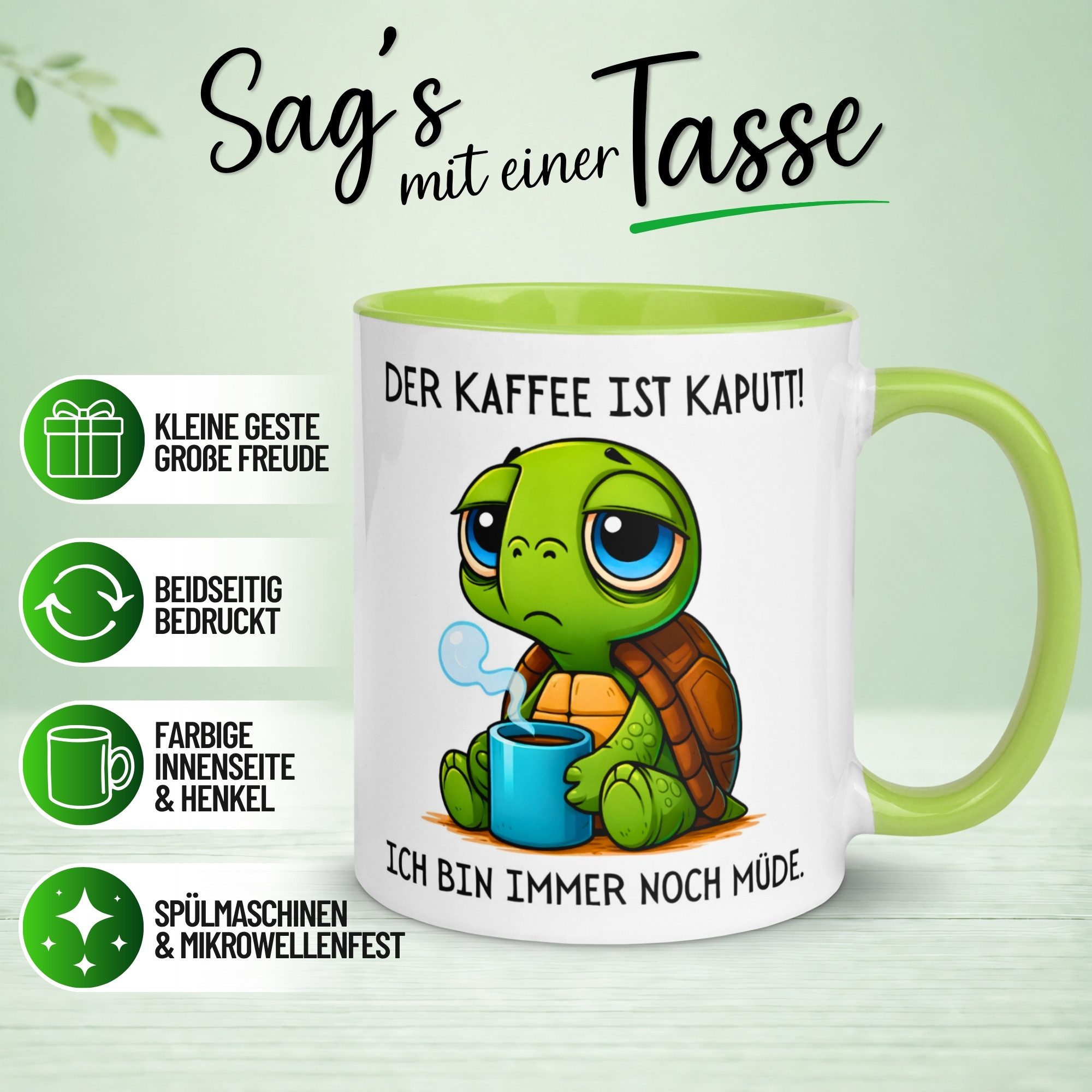 Momentals Tasse Schildkröte – „Der Kaffee ist kaputt“ – lustiges Morgenmuffel Geschenk, Gratis Versand · Links-&Rechtshänder · Spülmaschinenfest