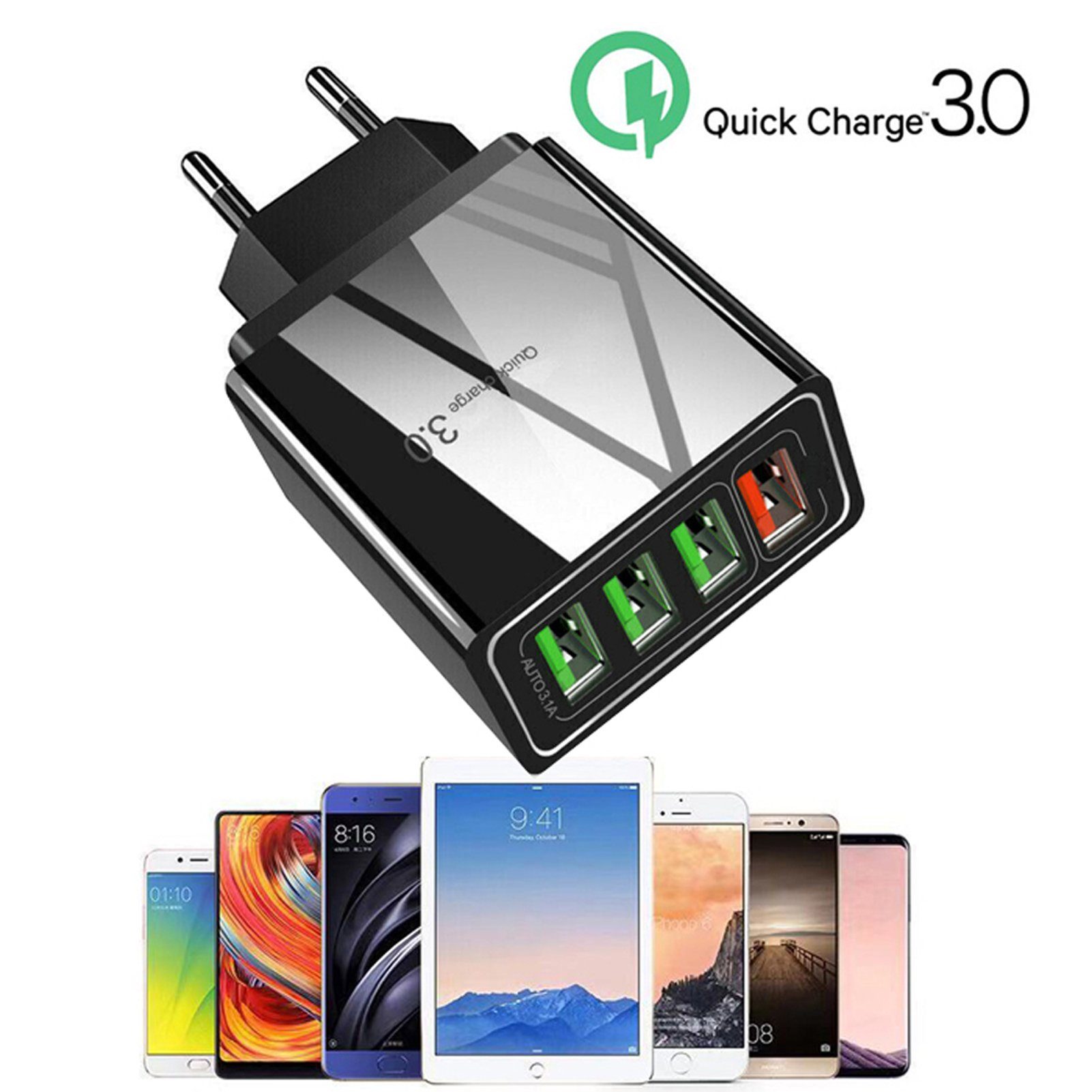 Bolwins O35C 4-fach Port USB Ladegerät Netzteil Adapter DC 5V 9V 12V max. 3,1A USB-Ladegerät (3000 mA, Packung, 1-tlg., 4 Port, 4-Port USB Ladegerät mit Quick Charge)