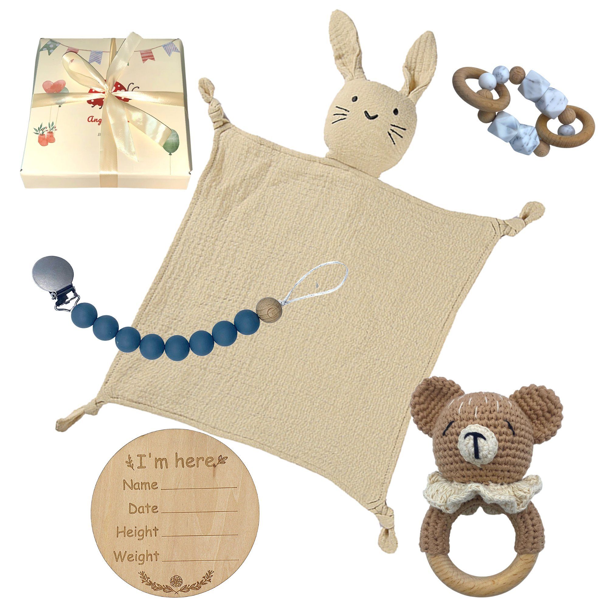 Geburt Baby mit Schnuffeltuch, und Teile Geburtskarte) 5 Baumwolle, Angel's Braun gratis Neugeborenen-Geschenkset Geschenkverpackung niedlichem 5-tlg., (Set, Geschenk in mit Design Grußkarte, + zur Babyrassel