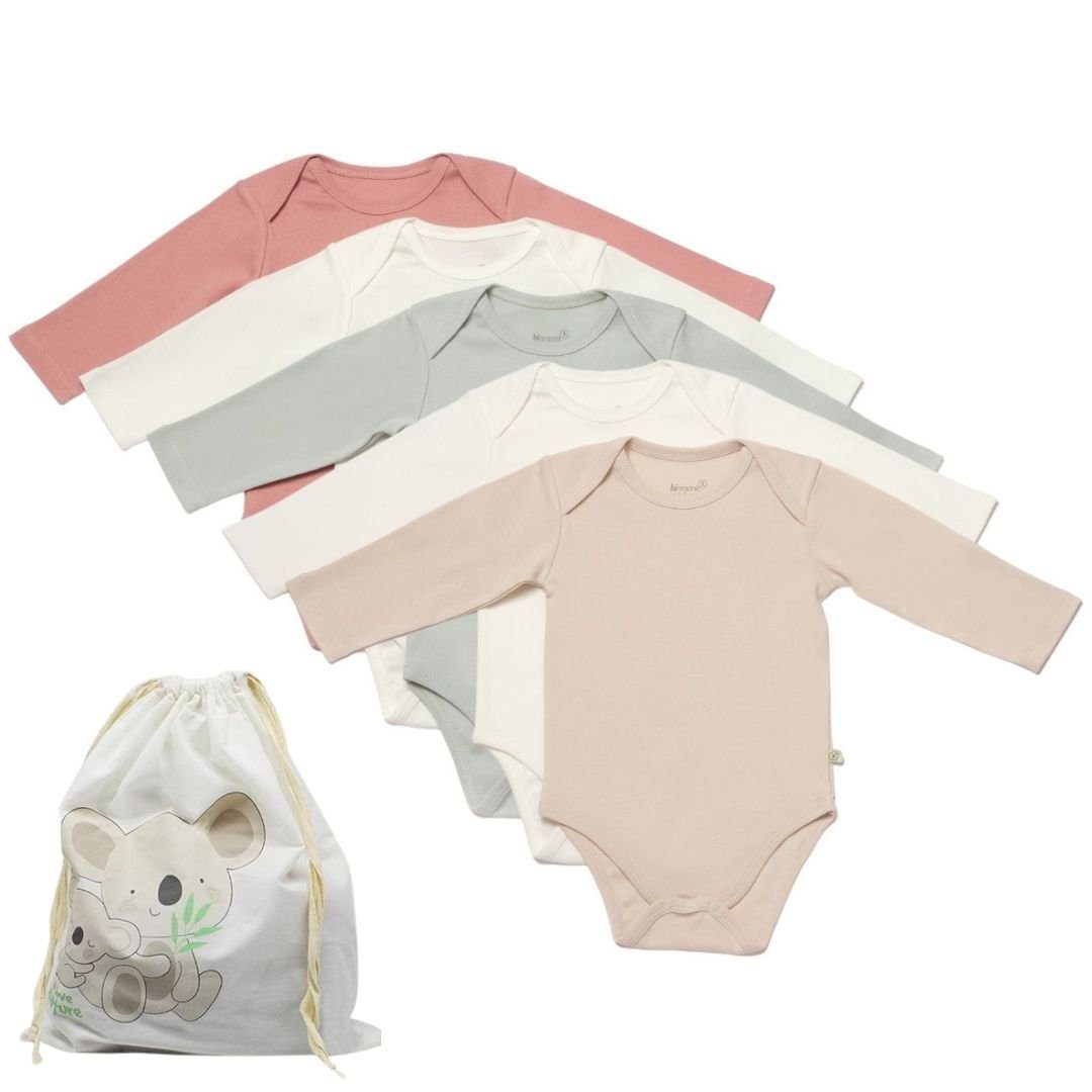 biorganic Langarmbody (5er Pack) für Jungen und Mädchen, Unisex, Mehrfarbig, Baby Body (Set, 6-tlg., 5er-Pack Bodys & 1 Beutel) Langarm, 100% Bio-Baumwolle, GOTS-zert., mit praktischen Druckknöpfen