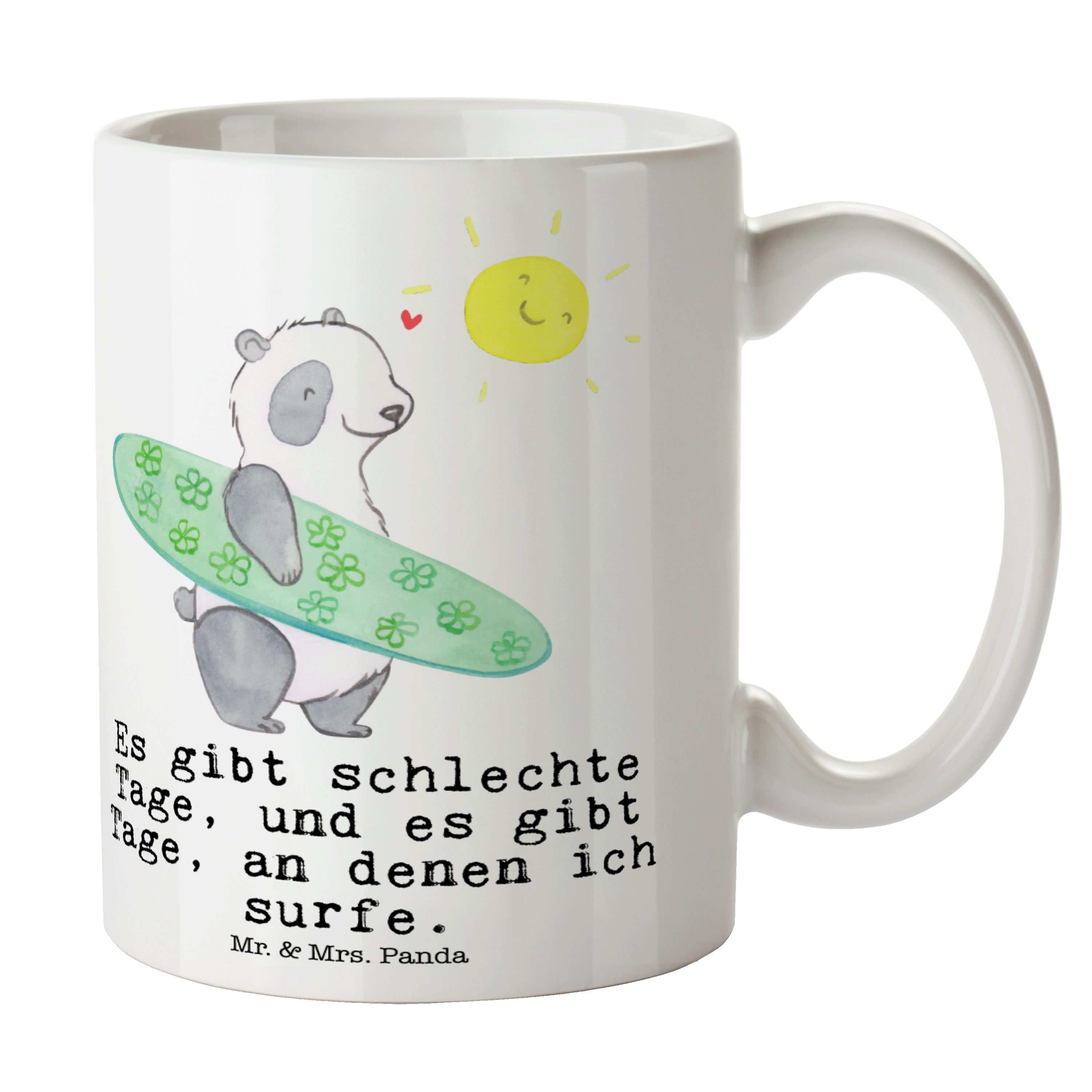 Mr. & Mrs. Panda Tasse Panda Surfen Tage - Weiß - Geschenk, Wellenreiten, Büro Tasse, Gesche, Keramik