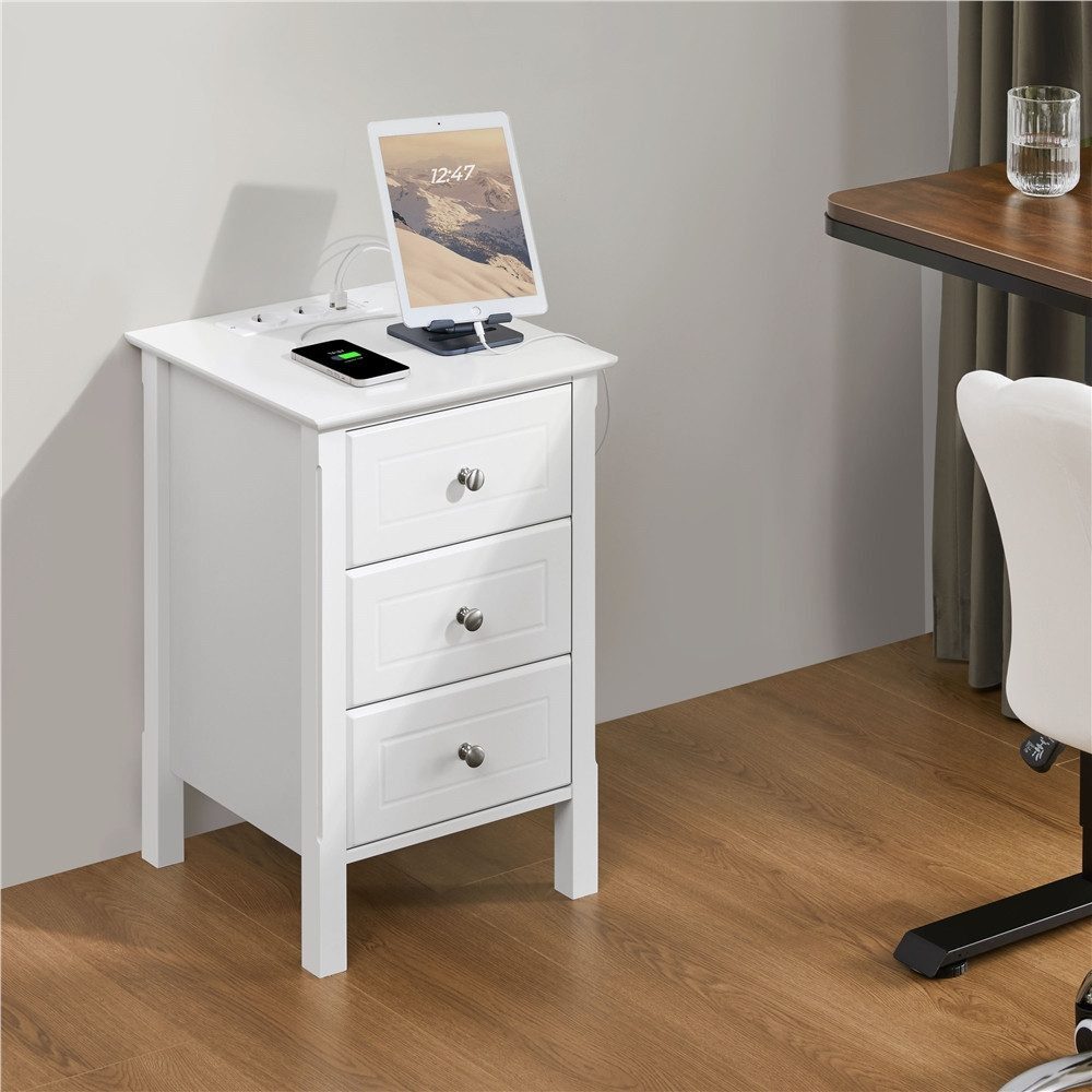 Yaheetech Nachttisch mit Ladestation und 3 Schubladen (1-St), Moderner Beistelltisch, 2 USB-Anschlüssen und 2 AC-Steckdosen
