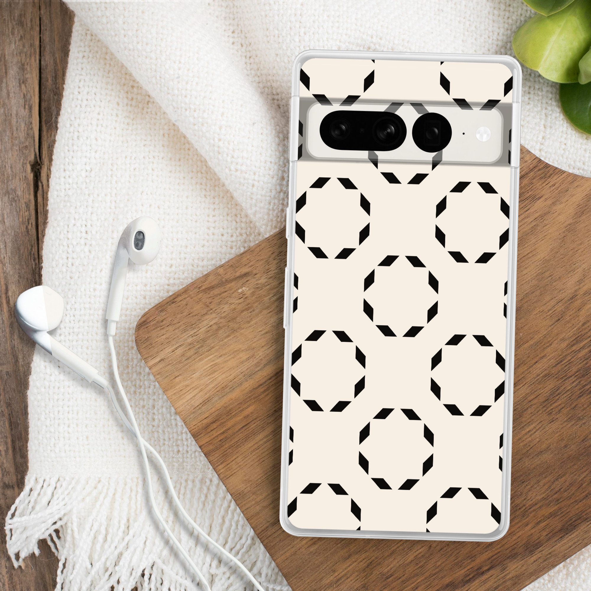 MuchoWow Handyhülle für Google Pixel 7 Pro Kreise - Muster - Schwarz - Beige - Abstrakt, Phone Case, Silikon, Schutzhülle Dünn