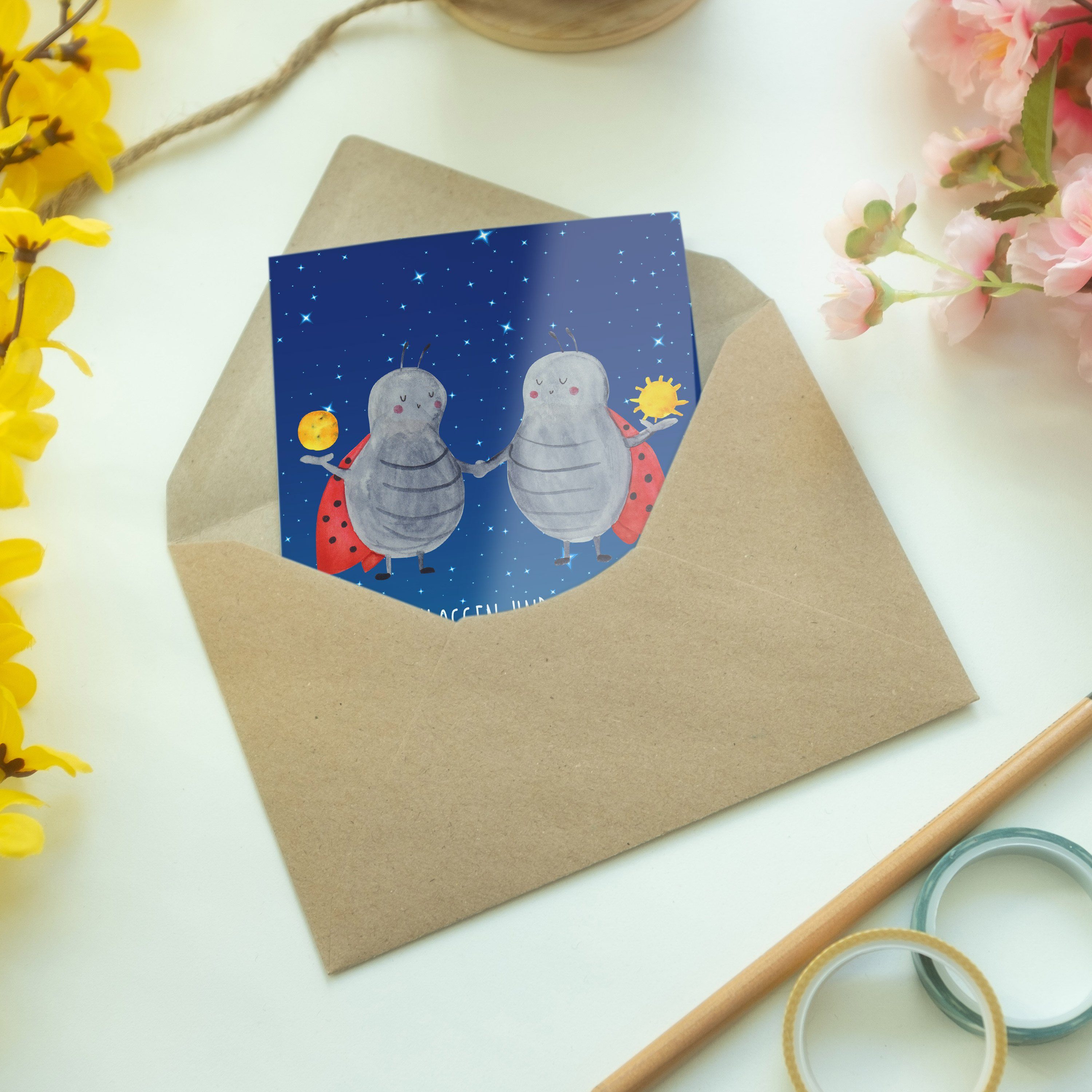 Mr. & Mrs. Panda Grußkarte Geschenk, Zwilling Sternzeichen - Glü Blau Sternenhimmel Aszendent, 