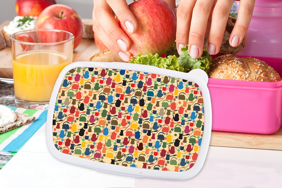 MuchoWow Lunchbox Muster - Snackbox, Erwachsene, für rosa Brotbox Kunststoff - (2-tlg), Brotdose Mädchen, Retro, Kaffee Kunststoff, Teekanne Kinder, 