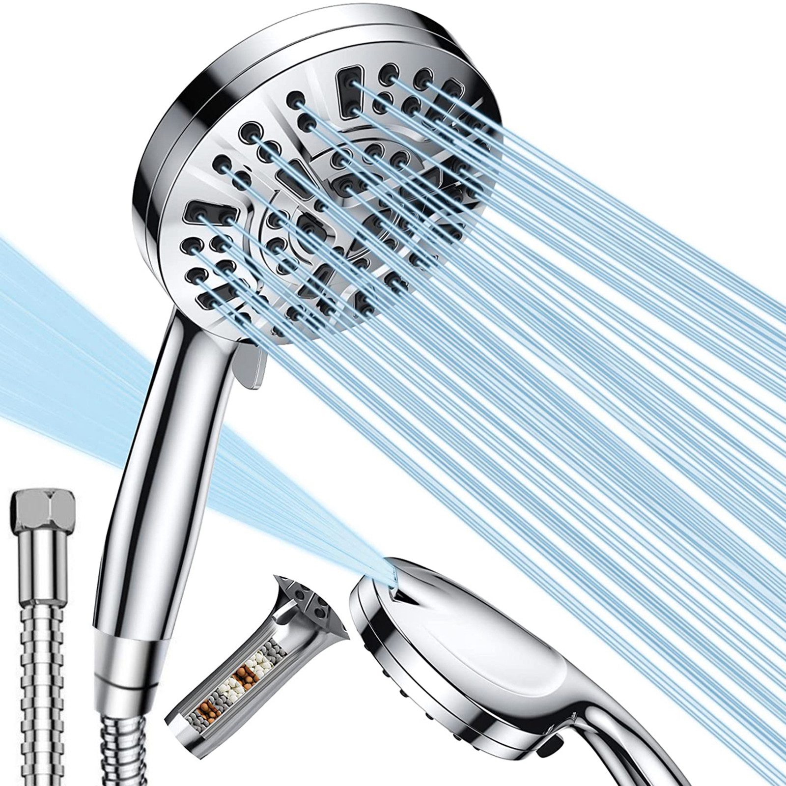 SURFOU Handbrause Duschkopf mit Schlauch,8+2 Strahlarten Hochdruck Filterbrause, Wassersparend, gegen hartes Wasser/Chlor, mit 1,5m Duschschlauch